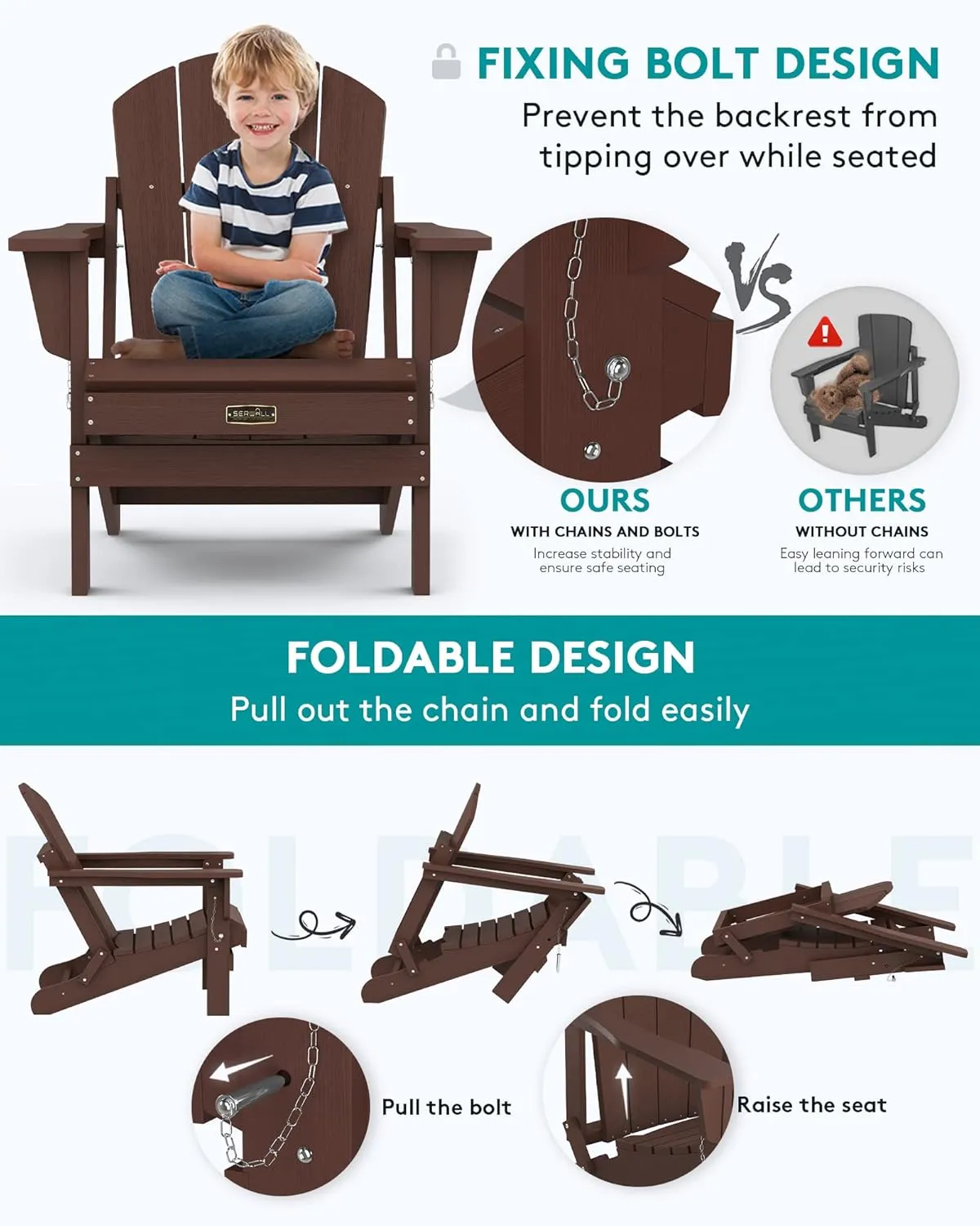 SERWALL Adirondack Chair for Patio Garden (Folding Coffee)
