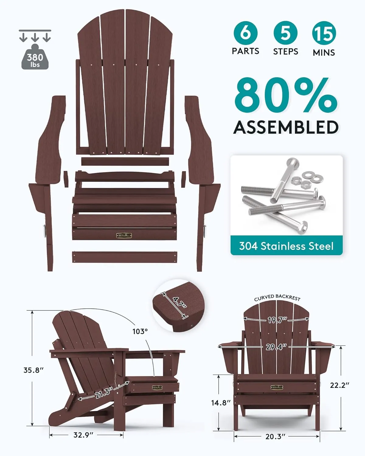 SERWALL Adirondack Chair for Patio Garden (Folding Coffee)