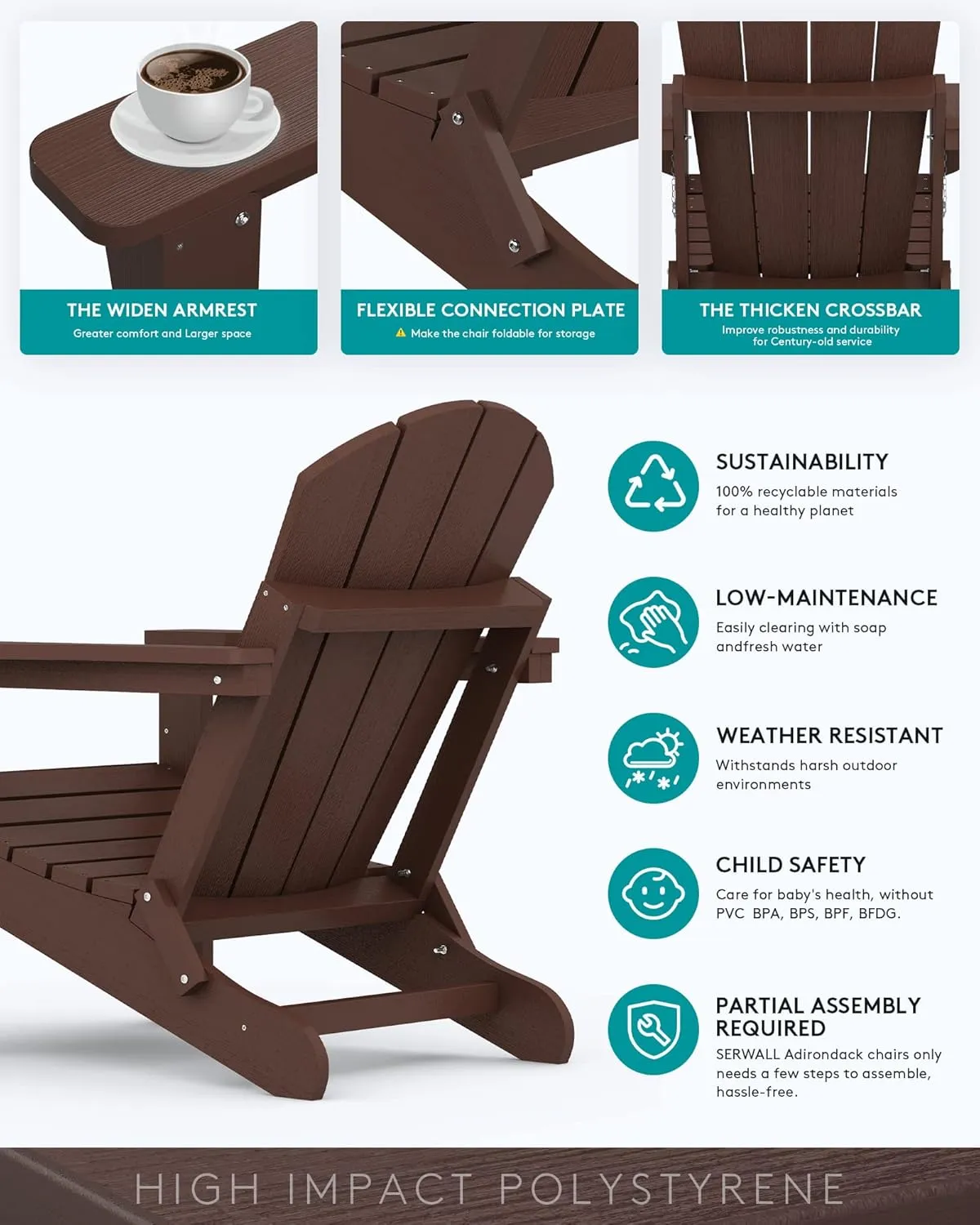SERWALL Adirondack Chair for Patio Garden (Folding Coffee)