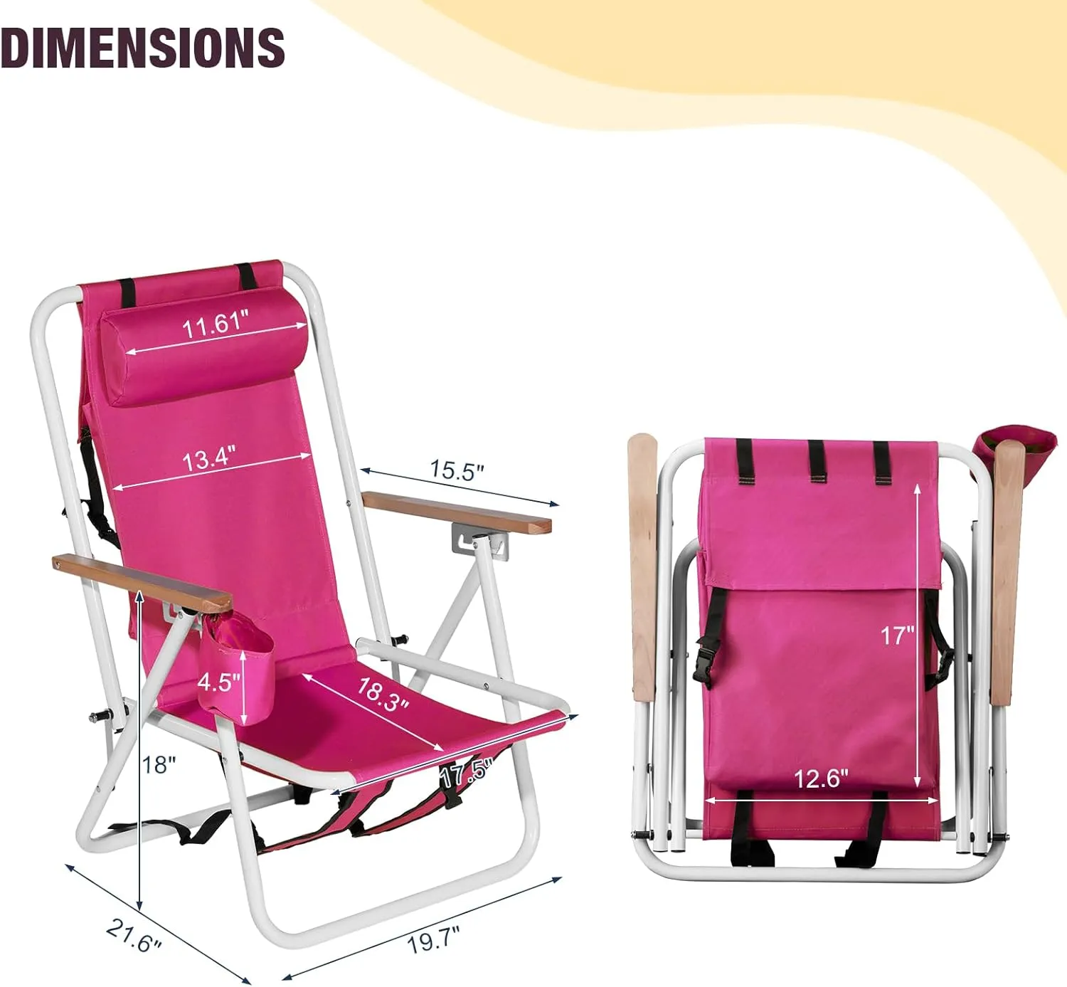 Set of 2 Folding Backpack Beach Chairs for Adults,Outdoor Folding Heavy Duty Camping Chair with Large Pockets and Cup Holder,Adjustable high Beach Lounge Chairs for Outdoor,Travel (Pink)