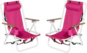 Set of 2 Folding Backpack Beach Chairs for Adults,Outdoor Folding Heavy Duty Camping Chair with Large Pockets and Cup Holder,Adjustable high Beach Lounge Chairs for Outdoor,Travel (Pink)