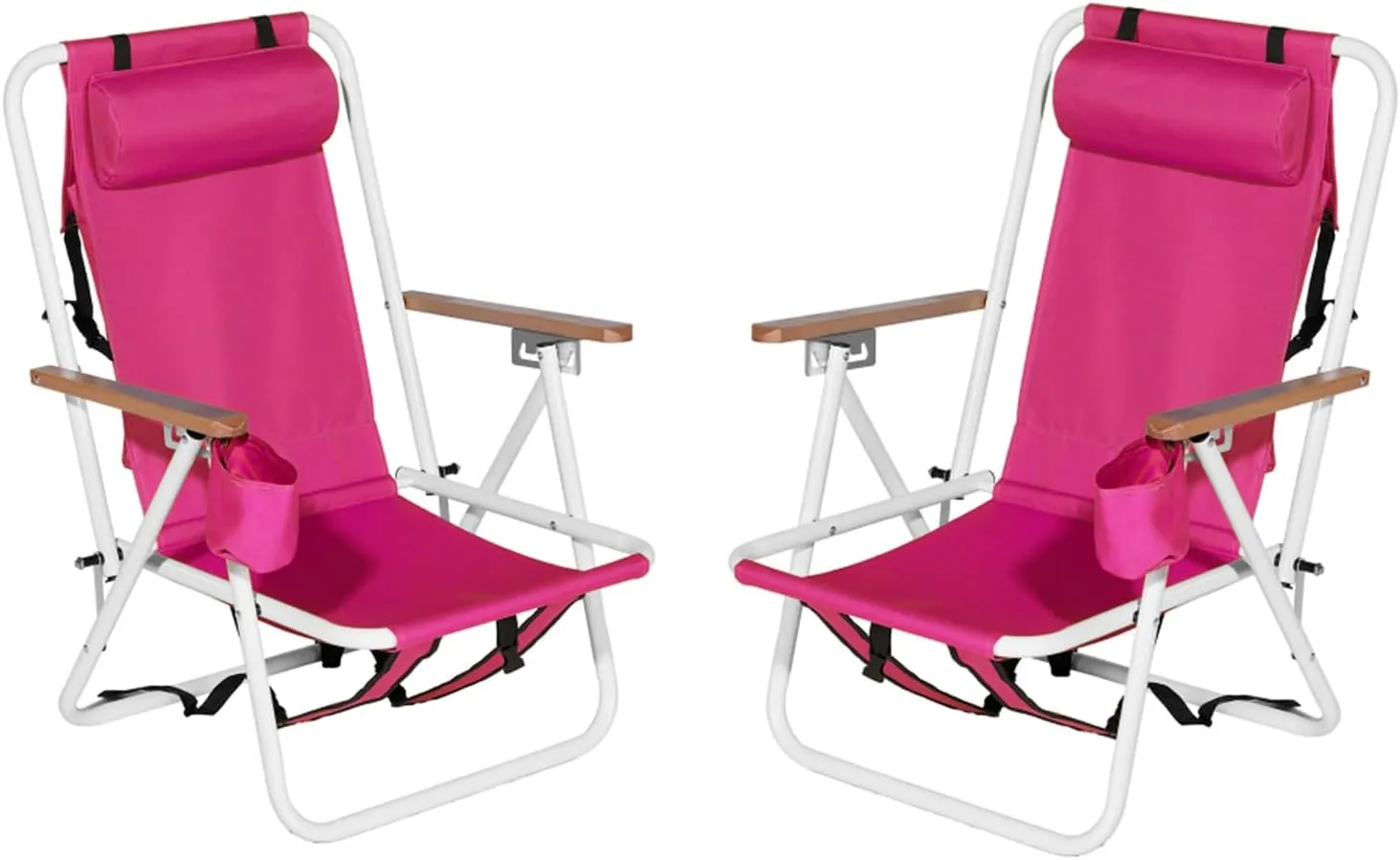 Set of 2 Folding Backpack Beach Chairs for Adults,Outdoor Folding Heavy Duty Camping Chair with Large Pockets and Cup Holder,Adjustable high Beach Lounge Chairs for Outdoor,Travel (Pink)