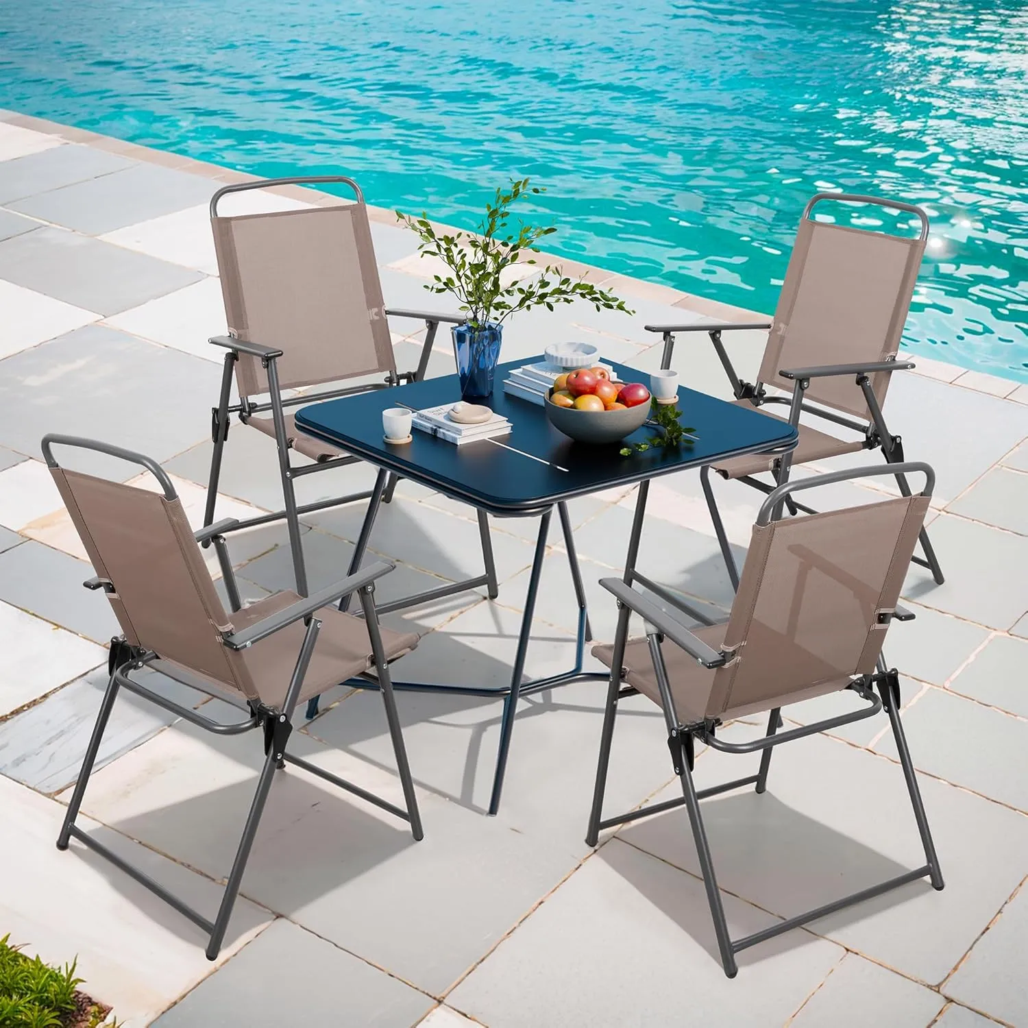 Shintenchi Outdoor Folding Dining Chairs Set of 4 with Textilene mesh Fabric and Metal Frame, Portable for Patio, Backyard, Camping and Porch, Brown