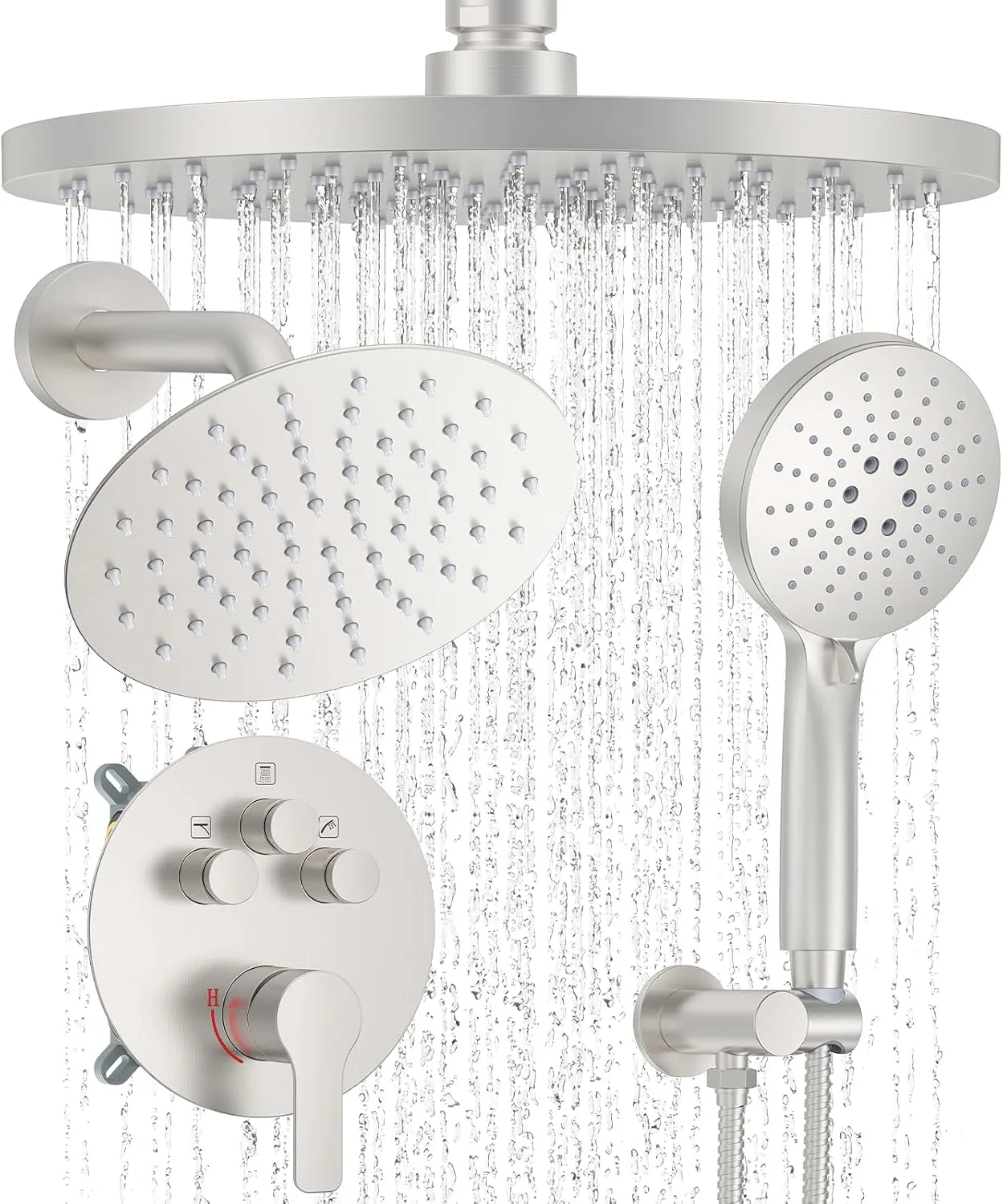 Shower System with Pressure Balance Valve, 10" Ceiling Mount Shower Faucet Set with 2 Rain Head and Multi-function Handheld Push Button Diverter Valve Kit,Brushed Nickel