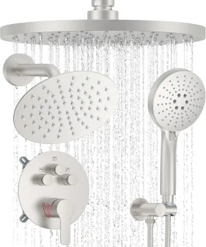 Shower System with Pressure Balance Valve, 10" Ceiling Mount Shower Faucet Set with 2 Rain Head and Multi-function Handheld Push Button Diverter Valve Kit,Brushed Nickel
