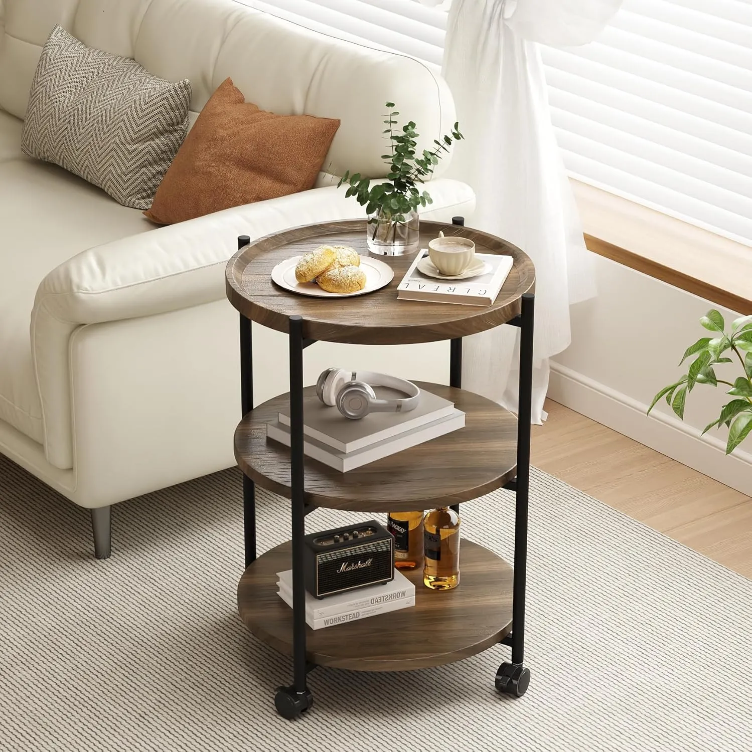 Side Table, 3-Tier Modern End Table with Wheels, Small Round Nightstand Bedside Table for Living Room, Bedroom, or Small Spaces-Walnut