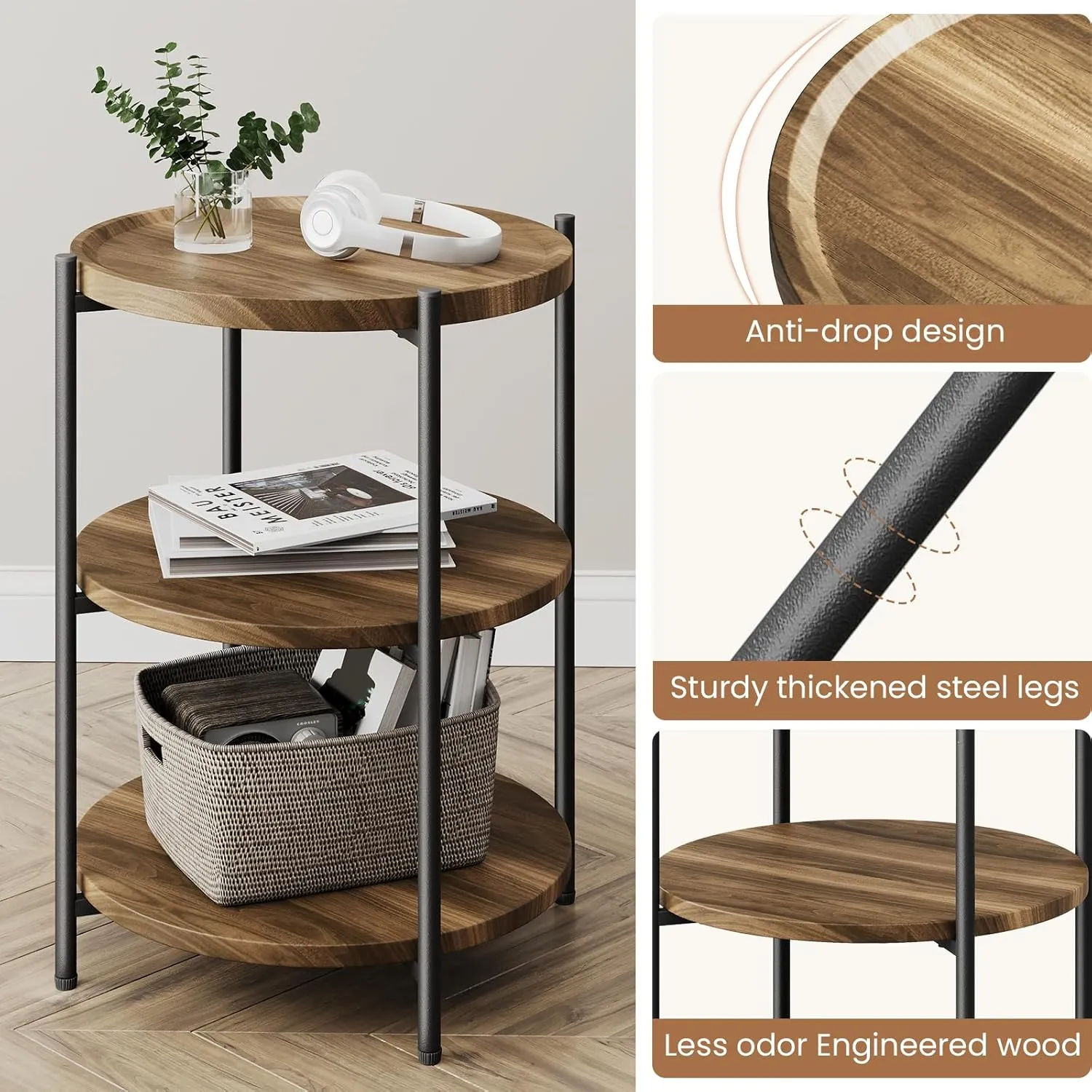 Side Table, 3-Tier Modern End Table with Wheels, Small Round Nightstand Bedside Table for Living Room, Bedroom, or Small Spaces-Walnut