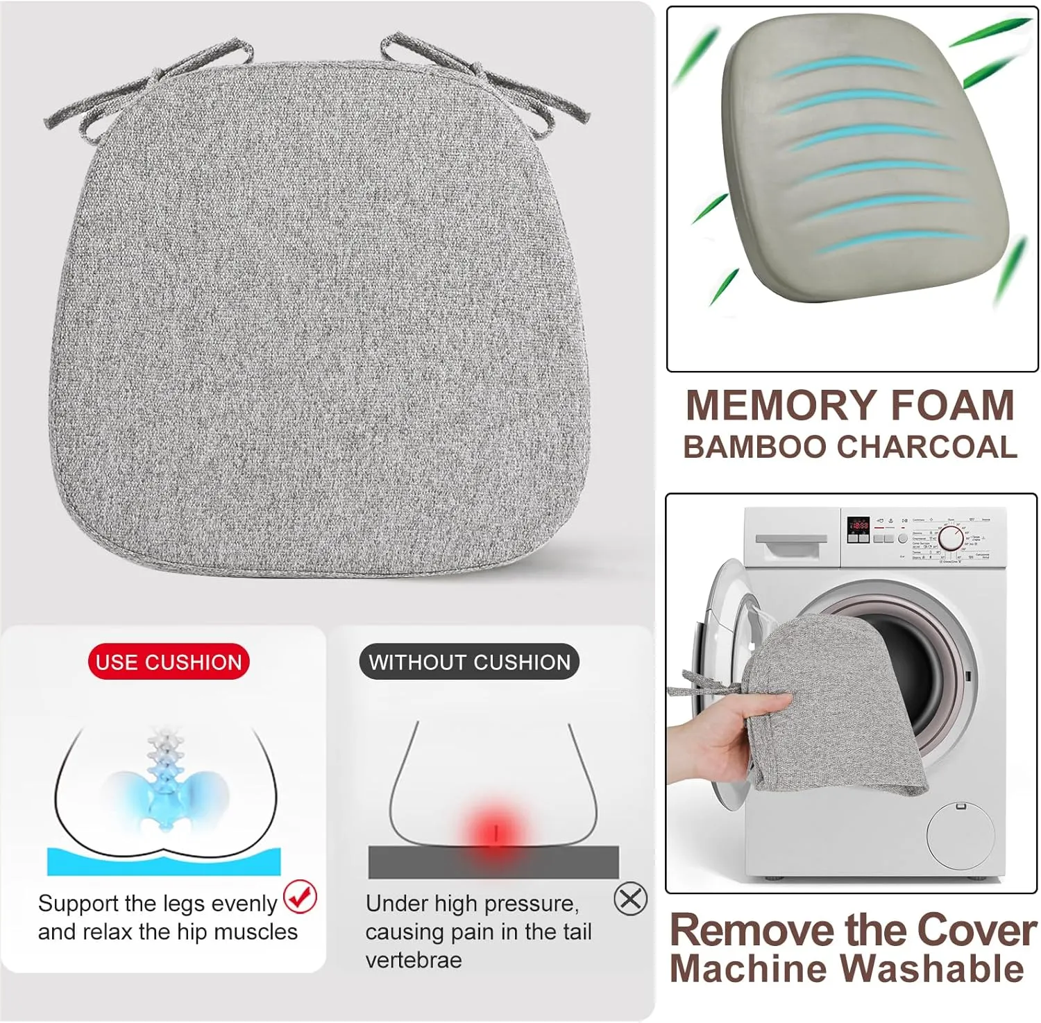 SINOSSO 4 Pack Memory Foam Chair Cushions for Dining Chairs, Friendly Woven Fabric 16" U-Shape Comfortable Kitchen Chair Pads, Removable Slip Resistant Seat Cushions (Set of 4, Light Grey)