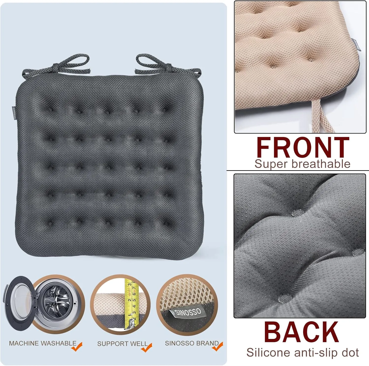 SINOSSO Excellent Support Effect Office Chair Cushion 1 Pack, Luxury Air Mesh Breathable Non-Slip Desk Computer Seat Cushion, Kitchen Dining Room Square Chair Pad (1 Count, Grey)