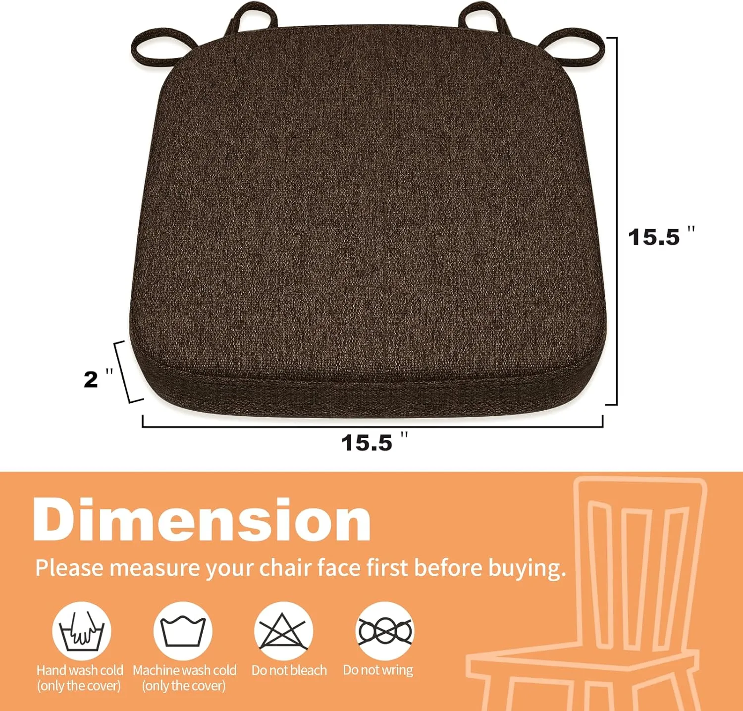 SINOSSO Thickened 2" Memory Foam Folding Chair Cushions 4 Pack, Square Pads with Ties for Kitchen Chairs, Indoor Non-Slip Dining Chair Seat Cushions (4 Pcs, Dark Brown)