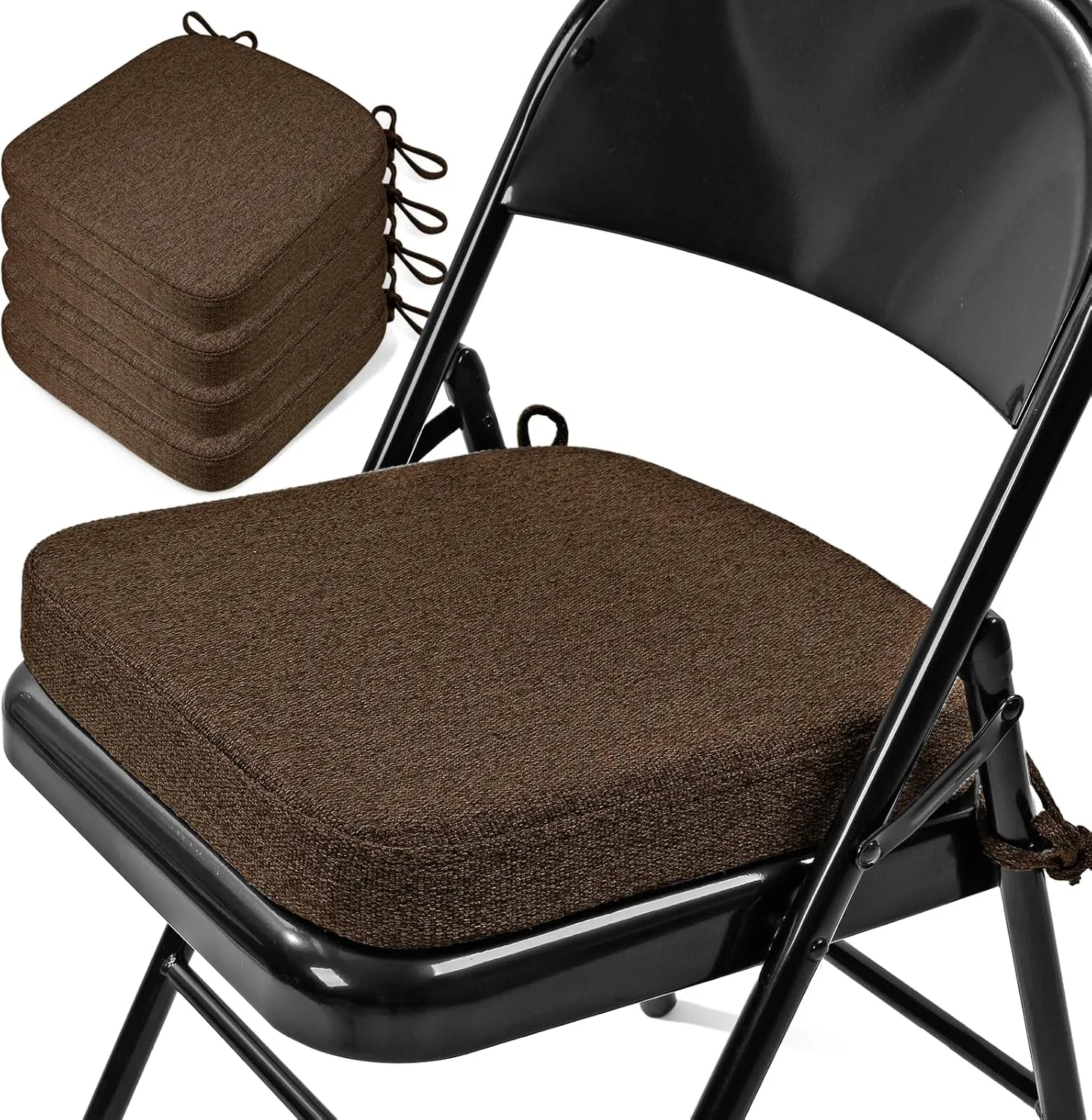 SINOSSO Thickened 2" Memory Foam Folding Chair Cushions 4 Pack, Square Pads with Ties for Kitchen Chairs, Indoor Non-Slip Dining Chair Seat Cushions (4 Pcs, Dark Brown)