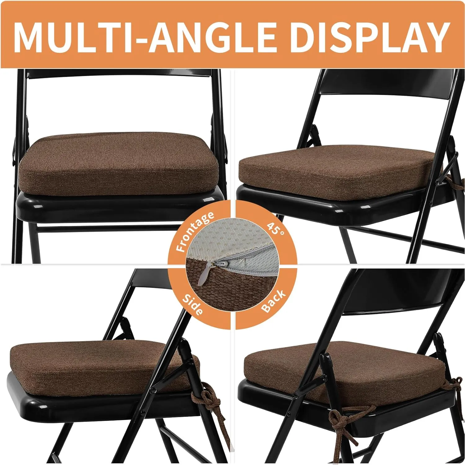 SINOSSO Thickened 2" Memory Foam Folding Chair Cushions 4 Pack, Square Pads with Ties for Kitchen Chairs, Indoor Non-Slip Dining Chair Seat Cushions (4 Pcs, Dark Brown)