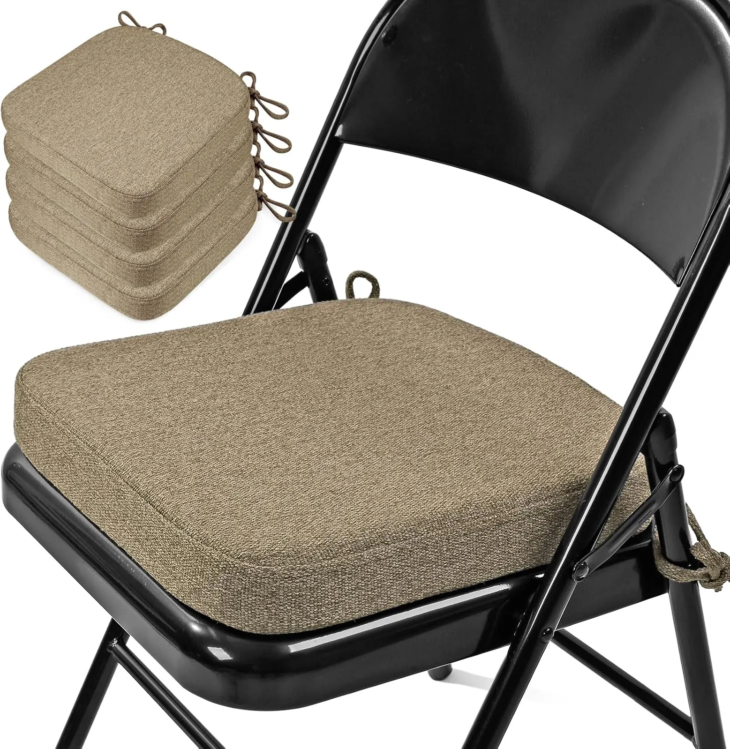 SINOSSO Thickened 2" Memory Foam Folding Chair Cushions 4 Pack, Square Pads with Ties for Kitchen Chairs, Indoor Non-Slip Dining Chair Seat Cushions (4 Pcs, Linen)