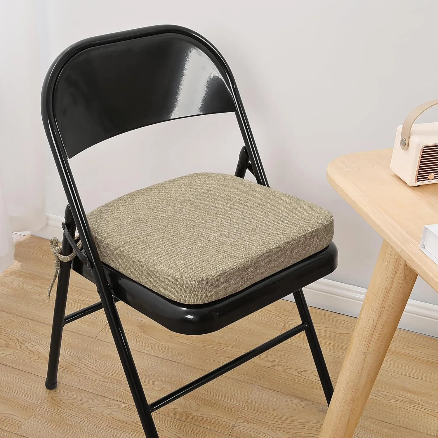 SINOSSO Thickened 2" Memory Foam Folding Chair Cushions 4 Pack, Square Pads with Ties for Kitchen Chairs, Indoor Non-Slip Dining Chair Seat Cushions (4 Pcs, Linen)