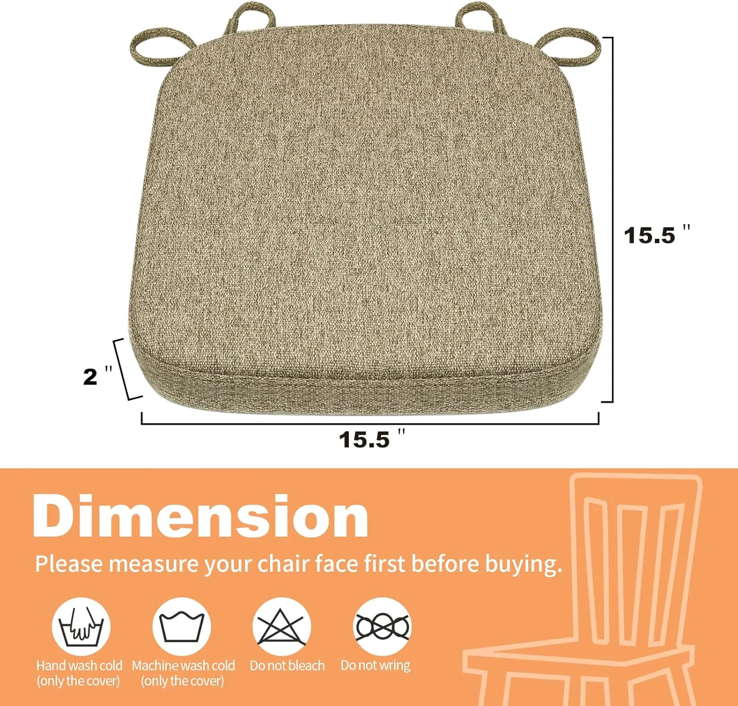 SINOSSO Thickened 2" Memory Foam Folding Chair Cushions 4 Pack, Square Pads with Ties for Kitchen Chairs, Indoor Non-Slip Dining Chair Seat Cushions (4 Pcs, Linen)