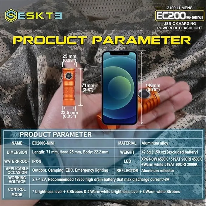 SKILHUNT EC200S-Mini 1400 570 lumens Dual Channel Powerful EDC USB-C Rechargeable LED Flashlight - Lightweight, Compact Pocket Light Camping Hiking Running Waterproof Outdoor (High CRI 4500K, Brown)