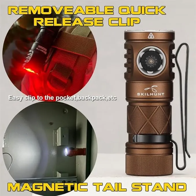 SKILHUNT EC200S-Mini 1400 570 lumens Dual Channel Powerful EDC USB-C Rechargeable LED Flashlight - Lightweight, Compact Pocket Light Camping Hiking Running Waterproof Outdoor (High CRI 4500K, Brown)