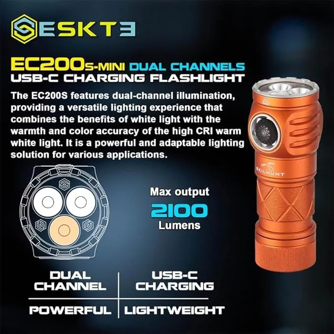 SKILHUNT EC200S-Mini 1400 570 lumens Dual Channel Powerful EDC USB-C Rechargeable LED Flashlight - Lightweight, Compact Pocket Light Camping Hiking Running Waterproof Outdoor (High CRI 4500K, Brown)