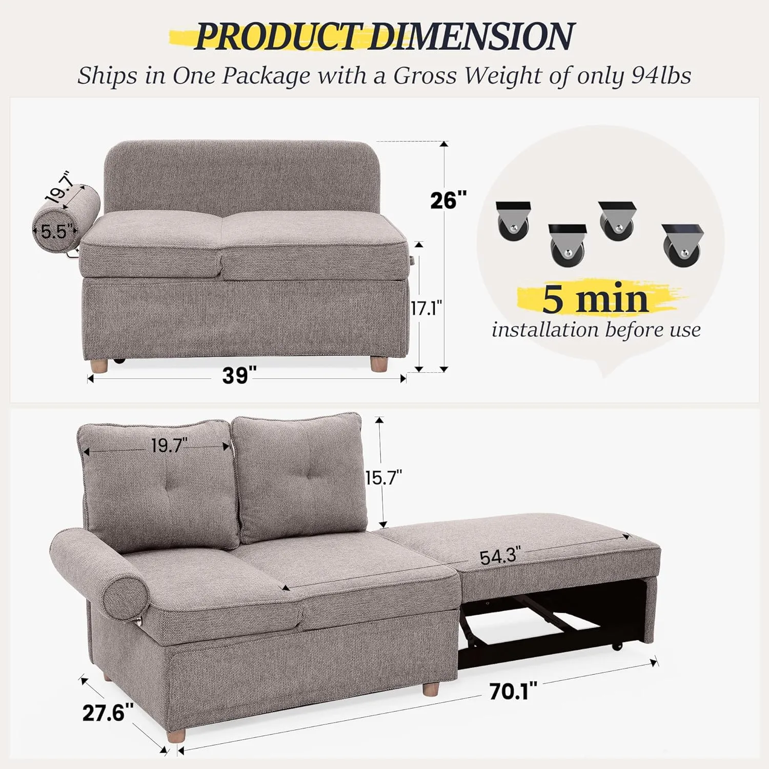 Sleeper Sofa Bed 4-in-1 Convertible Couch, Linen Fabric Love seat Couch with 2 Throw Pillow, Single Recliner for Small Space with 5 Adjustable Angles Backrest