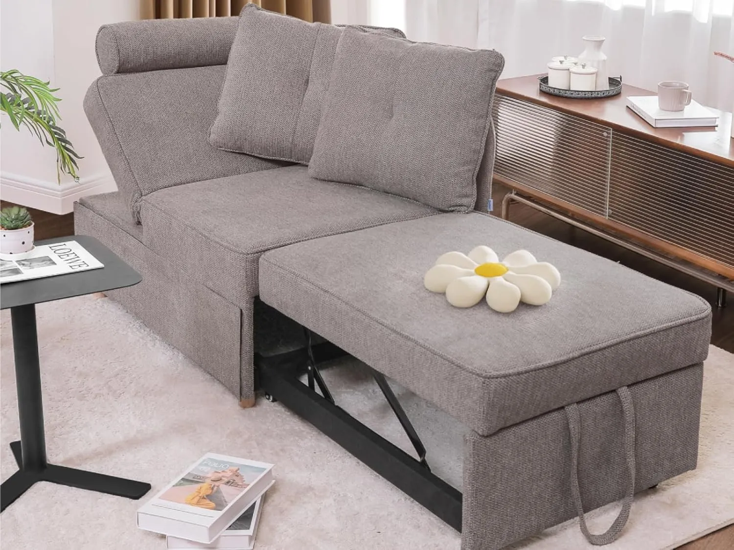 Sleeper Sofa Bed 4-in-1 Convertible Couch, Linen Fabric Love seat Couch with 2 Throw Pillow, Single Recliner for Small Space with 5 Adjustable Angles Backrest