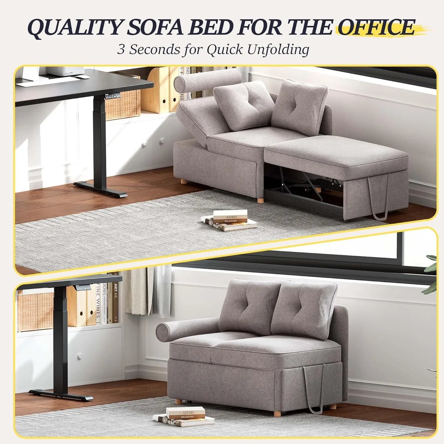 Sleeper Sofa Bed 4-in-1 Convertible Couch, Linen Fabric Love seat Couch with 2 Throw Pillow, Single Recliner for Small Space with 5 Adjustable Angles Backrest
