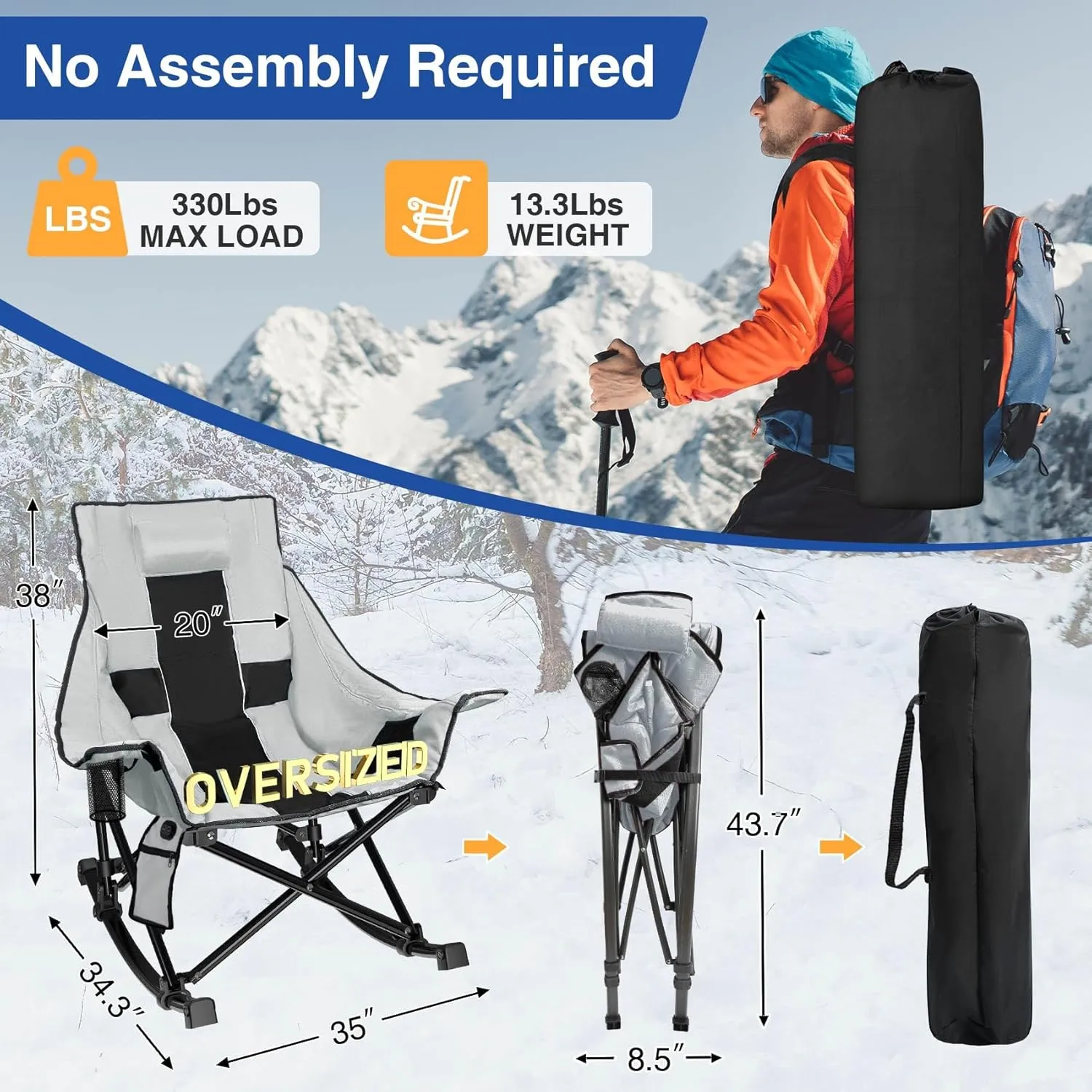 Slendor Heated Rocking Chair, Oversized Heated Camping Chair w/ 3 Levels Heat for Back Seat, Heated Rocking Camping Chair with 20000 mAh Power Bank, Pillow, Side Pocket, Padded, Carry Bag, Gray