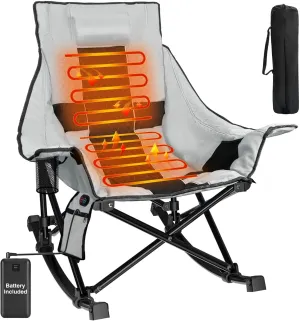 Slendor Heated Rocking Chair, Oversized Heated Camping Chair w/ 3 Levels Heat for Back Seat, Heated Rocking Camping Chair with 20000 mAh Power Bank, Pillow, Side Pocket, Padded, Carry Bag, Gray