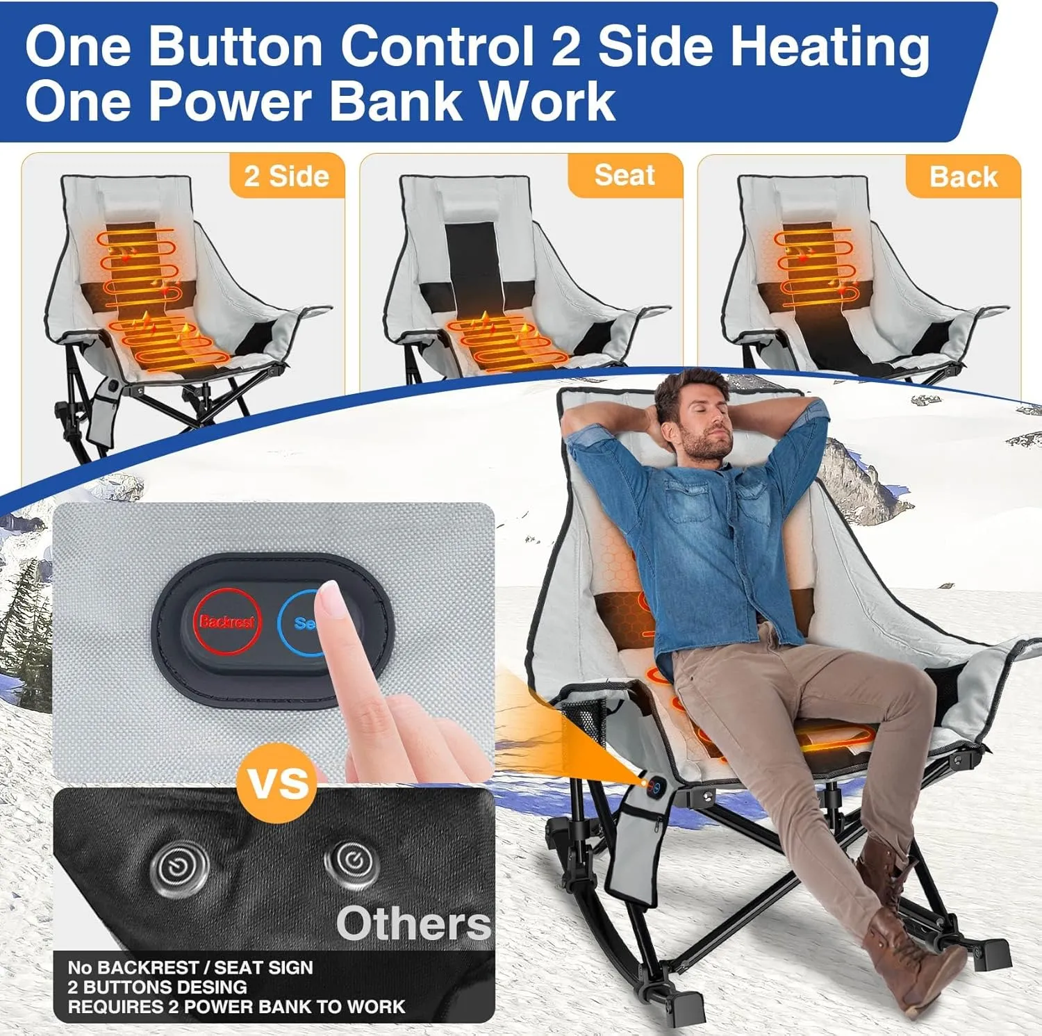 Slendor Heated Rocking Chair, Oversized Heated Camping Chair w/ 3 Levels Heat for Back Seat, Heated Rocking Camping Chair with 20000 mAh Power Bank, Pillow, Side Pocket, Padded, Carry Bag, Gray
