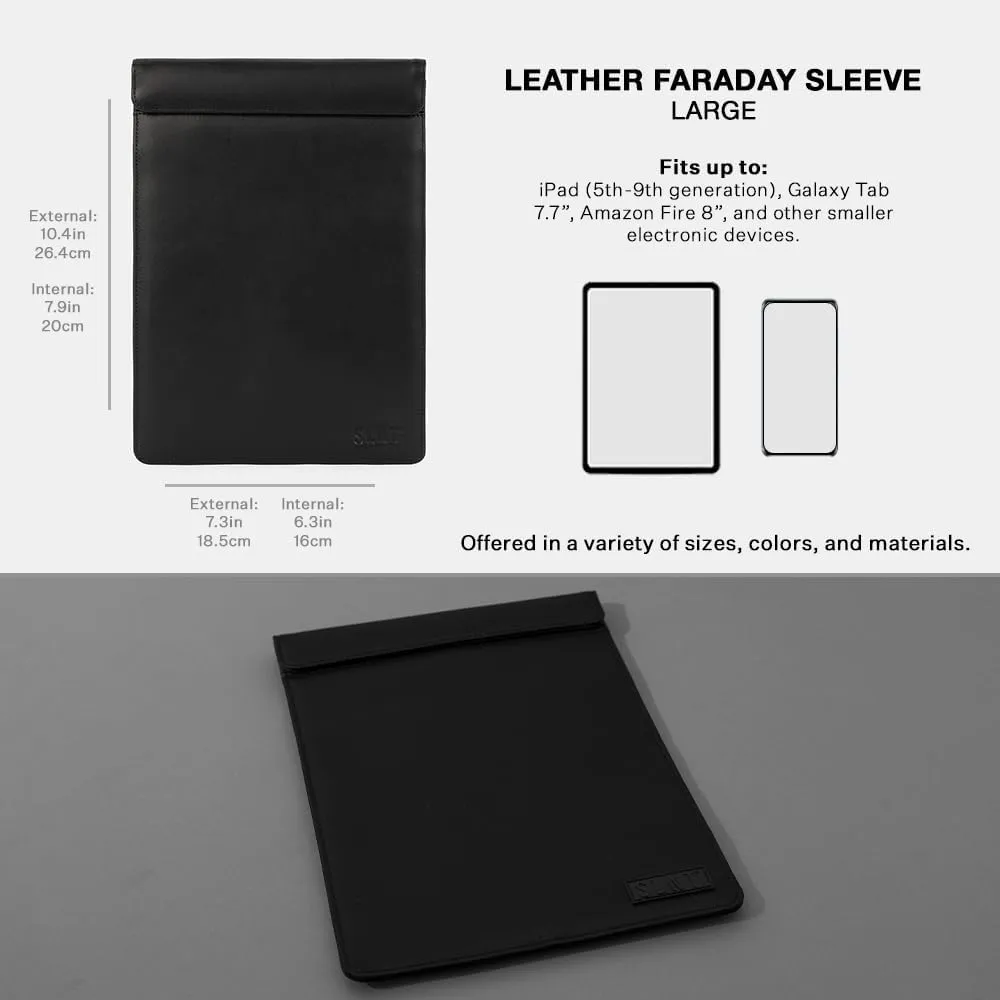 SLNT Faraday Bag Tablet Sleeve with Silent Pocket - Leather Signal Blocking Device Shielding for iPad, Samsung Galaxy Tab, Most Tablets for Travel Privacy (Black Leather, Large)