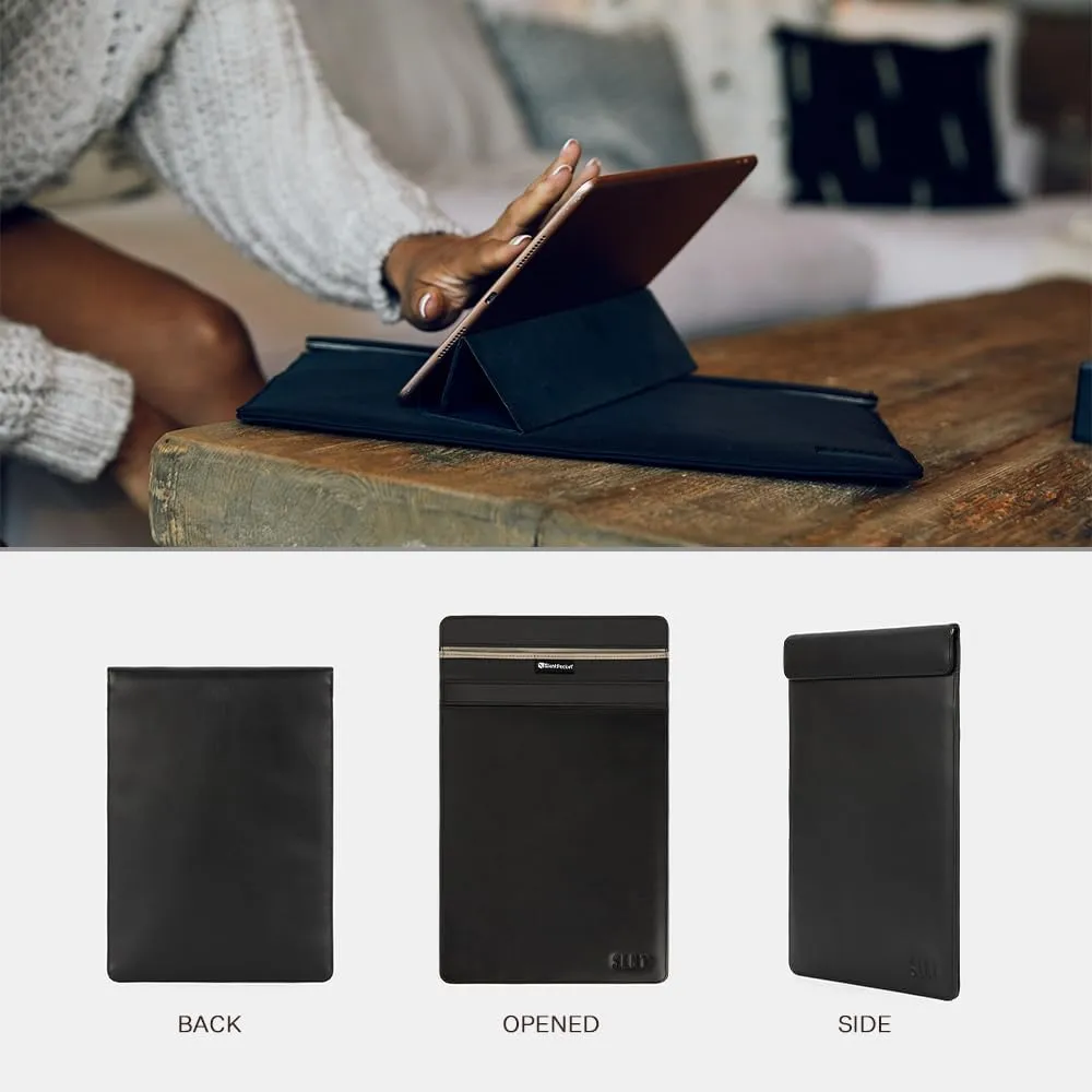 SLNT Faraday Bag Tablet Sleeve with Silent Pocket - Leather Signal Blocking Device Shielding for iPad, Samsung Galaxy Tab, Most Tablets for Travel Privacy (Black Leather, Large)