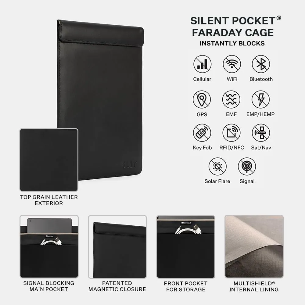 SLNT Faraday Bag Tablet Sleeve with Silent Pocket - Leather Signal Blocking Device Shielding for iPad, Samsung Galaxy Tab, Most Tablets for Travel Privacy (Black Leather, Large)