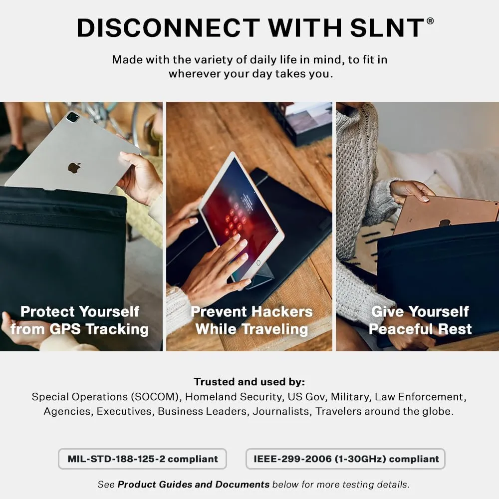 SLNT Faraday Bag Tablet Sleeve with Silent Pocket - Leather Signal Blocking Device Shielding for iPad, Samsung Galaxy Tab, Most Tablets for Travel Privacy (Black Leather, Large)