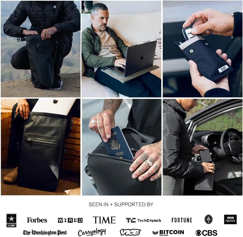 SLNT Faraday Bag Tablet Sleeve with Silent Pocket - Leather Signal Blocking Device Shielding for iPad, Samsung Galaxy Tab, Most Tablets for Travel Privacy (Black Leather, Large)