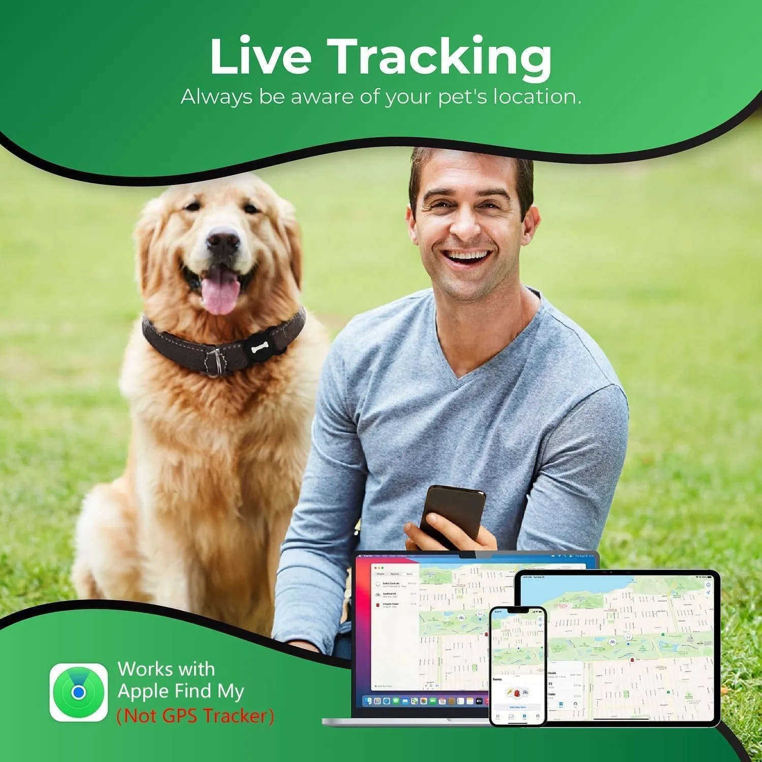 Smart Pet Tracker, Dog Tracker with Black Collar Holder, Smart Tag for Seamless Location Tracking, Work with Find My, No GPS Tracker (Black)