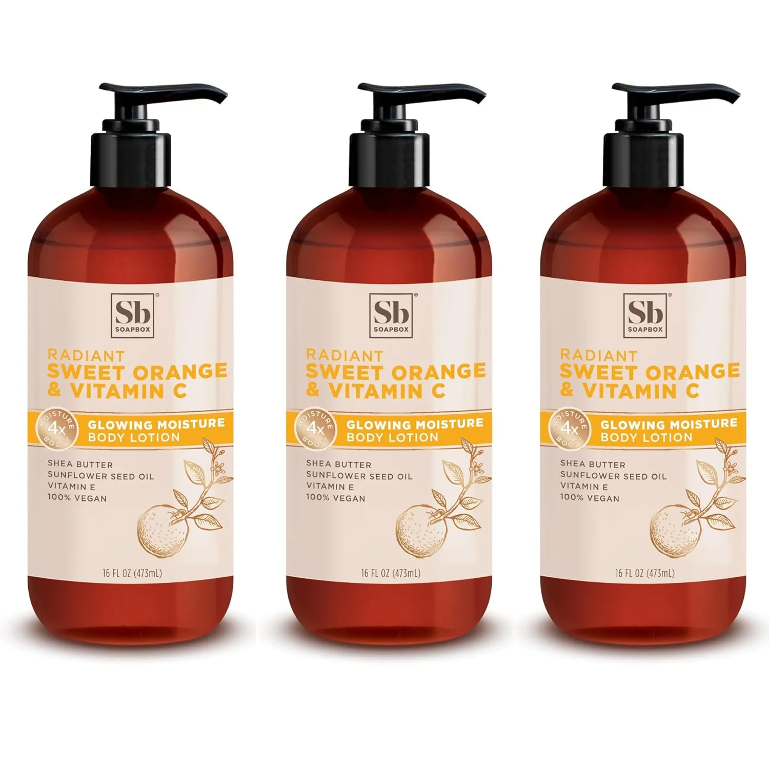 Soapbox Moisturizing Body Lotion, Sweet Orange & Vitamin C with Sunflower Oil and Shea Butter, Pack of 3 Hand Lotion Bottles, Vegan Skin Care Products, Moisturizer for Dry Skin, 3 Pack, 16oz each