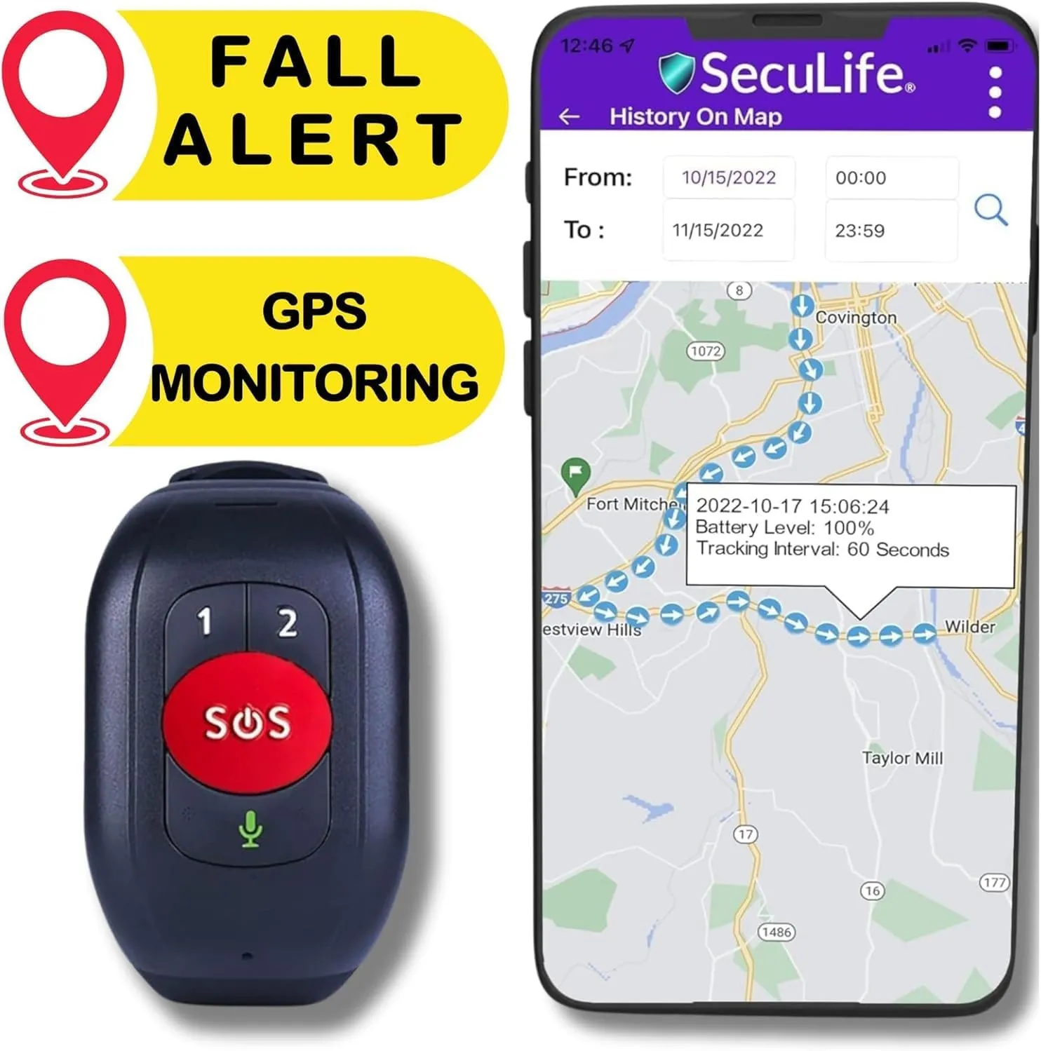 SOS Wristband Life Saving Alert System, Fall Alert Monitoring, SOS Emergency Call Button with Speakerphone, Elderly GPS Tracking, Seniors, Dementia, Alzheimer