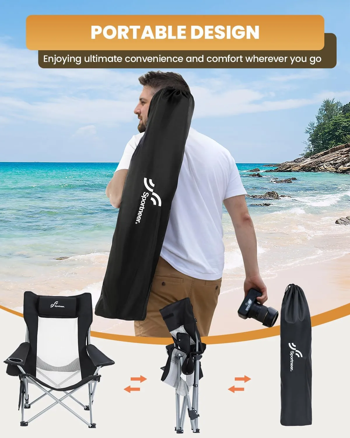 Sportneer Beach Chair: Adjustable Folding Chair with Cup Holder & Side Pocket - Portable & Compact Beach Chairs for Adults with Reclining Positions for Camping Picnic and Outdoor, Black