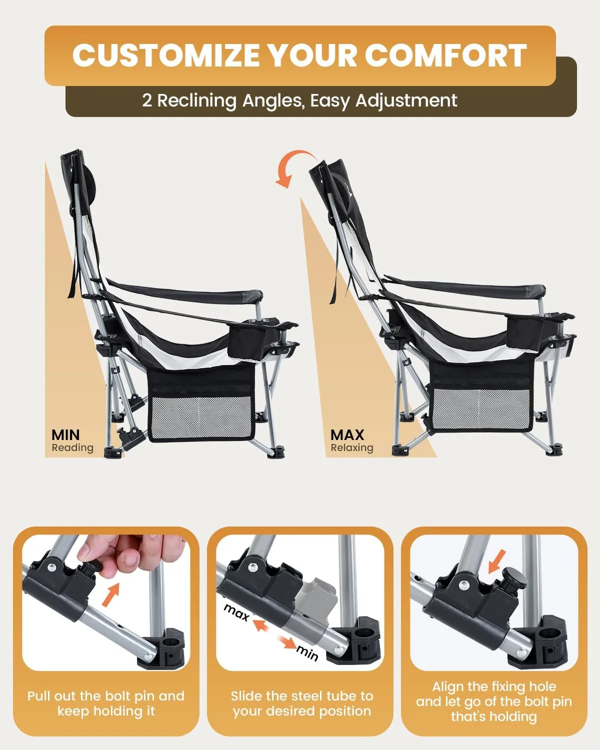 Sportneer Beach Chair: Adjustable Folding Chair with Cup Holder & Side Pocket - Portable & Compact Beach Chairs for Adults with Reclining Positions for Camping Picnic and Outdoor, Black