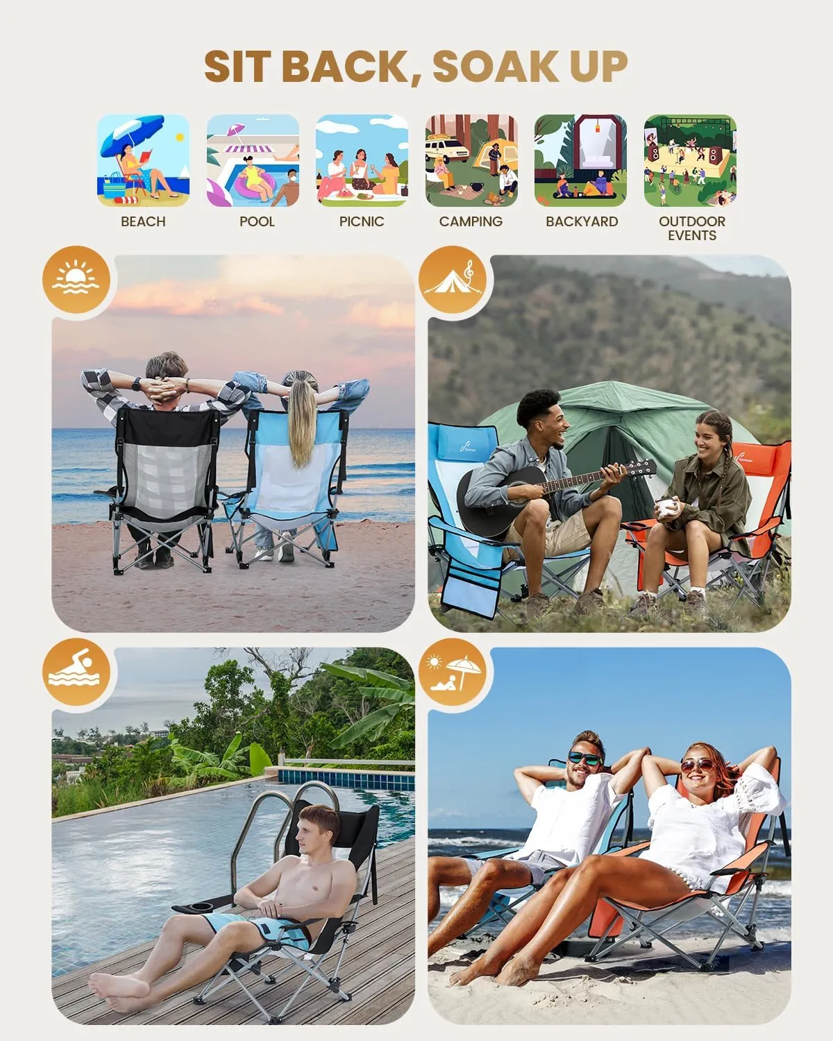 Sportneer Beach Chair: Adjustable Folding Chair with Cup Holder & Side Pocket - Portable & Compact Beach Chairs for Adults with Reclining Positions for Camping Picnic and Outdoor, Black