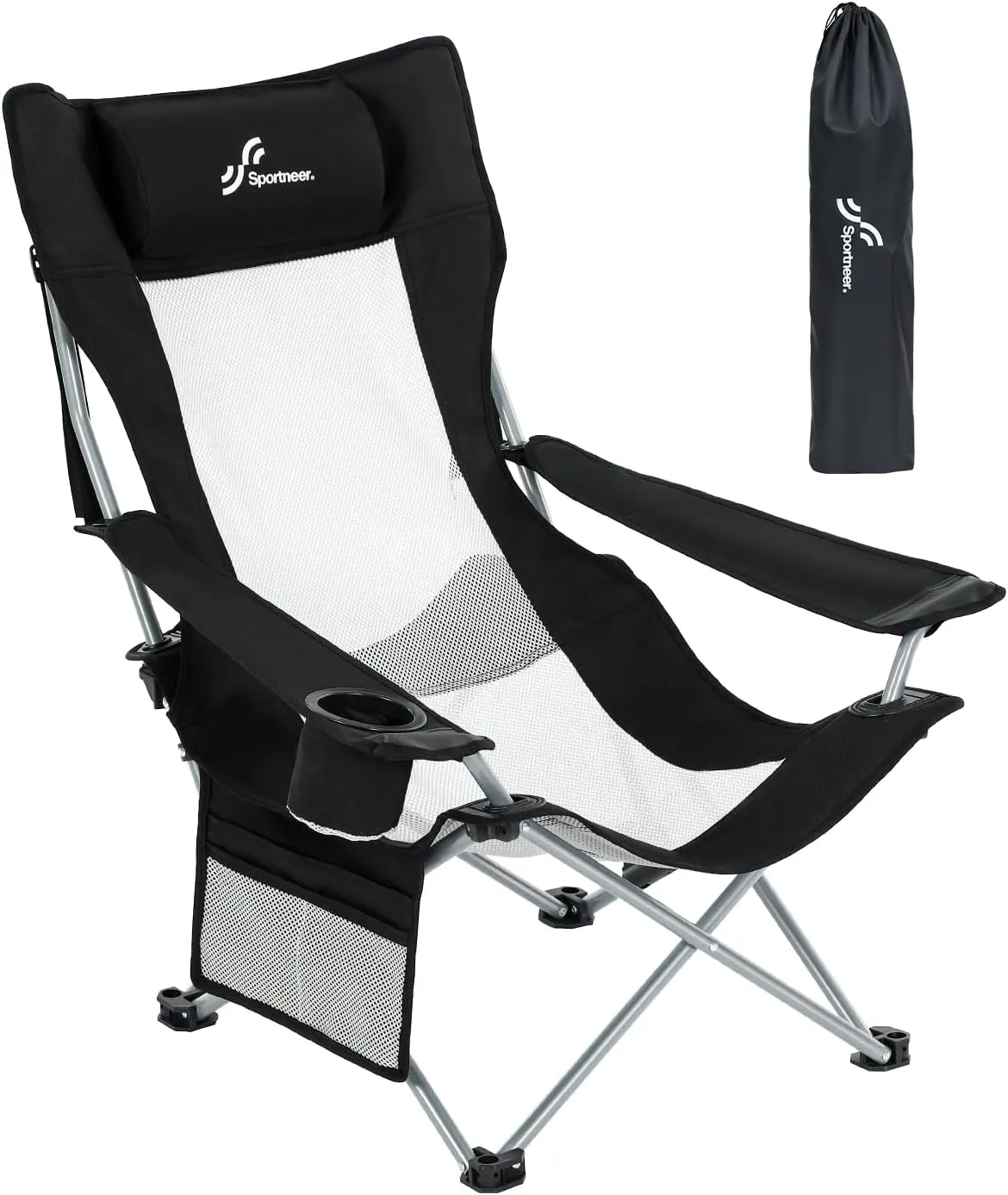 Sportneer Beach Chair: Adjustable Folding Chair with Cup Holder & Side Pocket - Portable & Compact Beach Chairs for Adults with Reclining Positions for Camping Picnic and Outdoor, Black