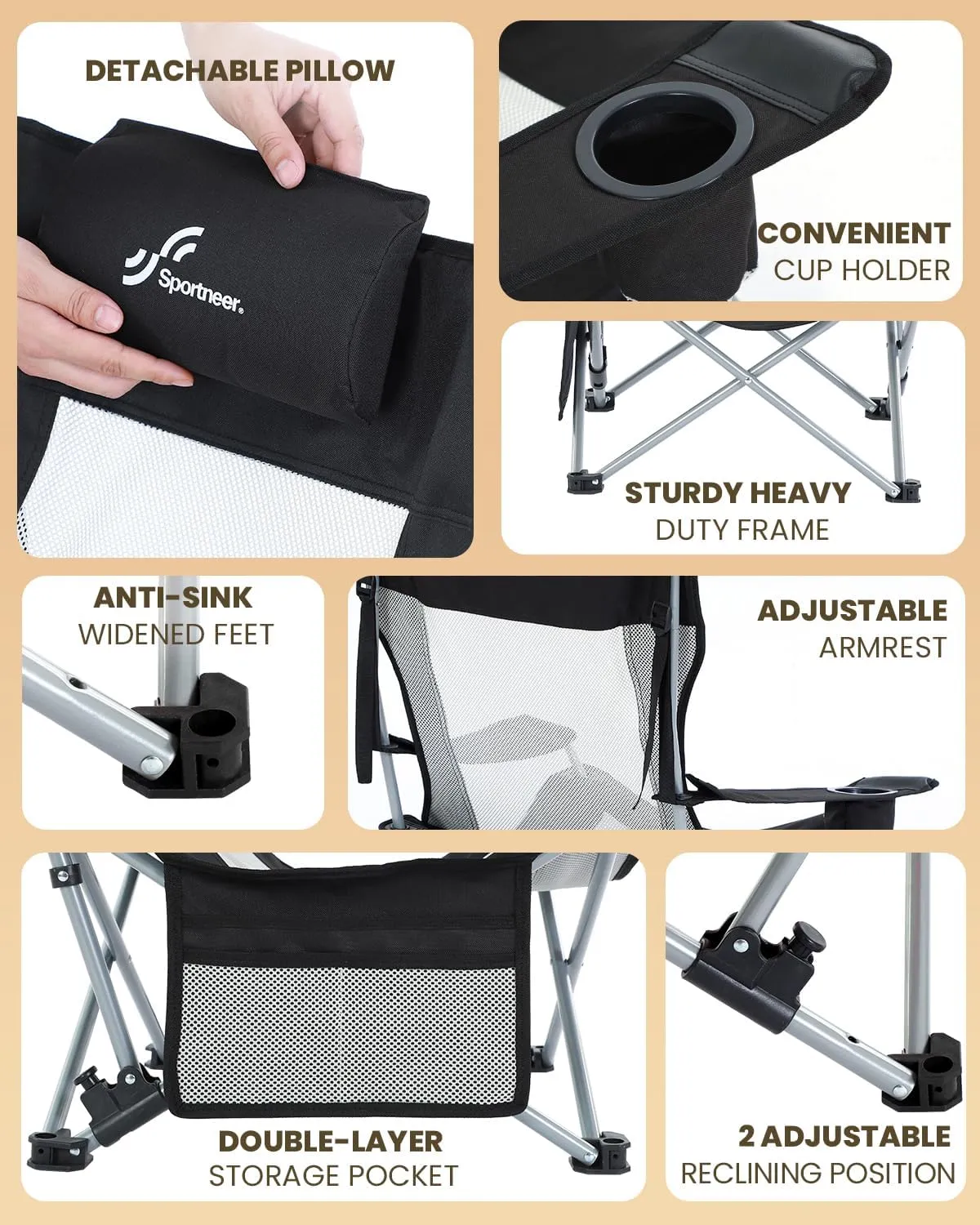Sportneer Beach Chair: Adjustable Folding Chair with Cup Holder & Side Pocket - Portable & Compact Beach Chairs for Adults with Reclining Positions for Camping Picnic and Outdoor, Black