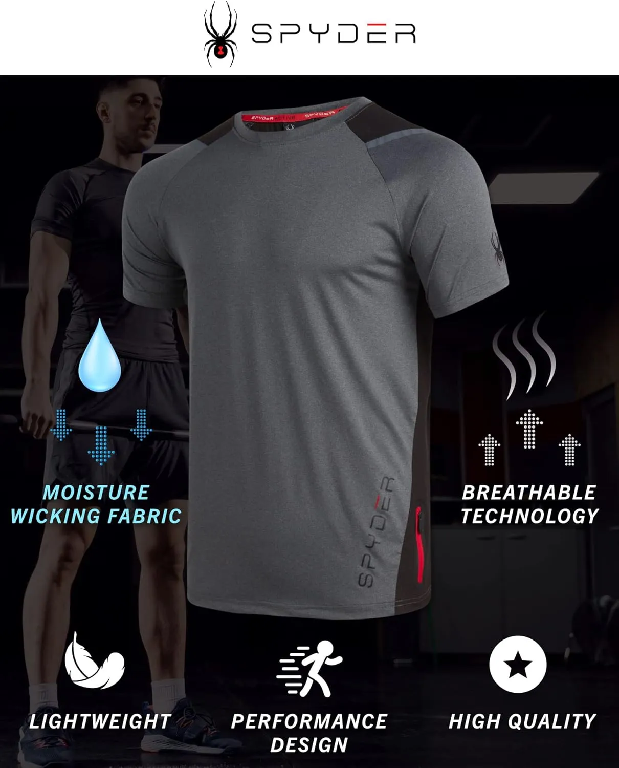 Spyder Men's Athletic T-Shirt - 2 Pack Dry Fit Short Sleeve Performance Sports Tee (S-XL)