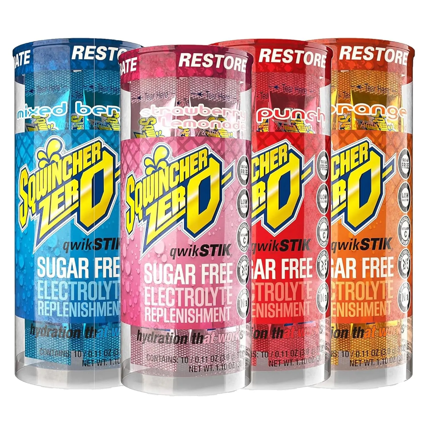 Sqwincher Zero Qwik Stik, 4 Flavor Variety Pack, Sugar Free, Low Calorie, Low Sodium Electrolyte Powder Hydration Drink Mix, .11 oz Packet (Pack of 200)