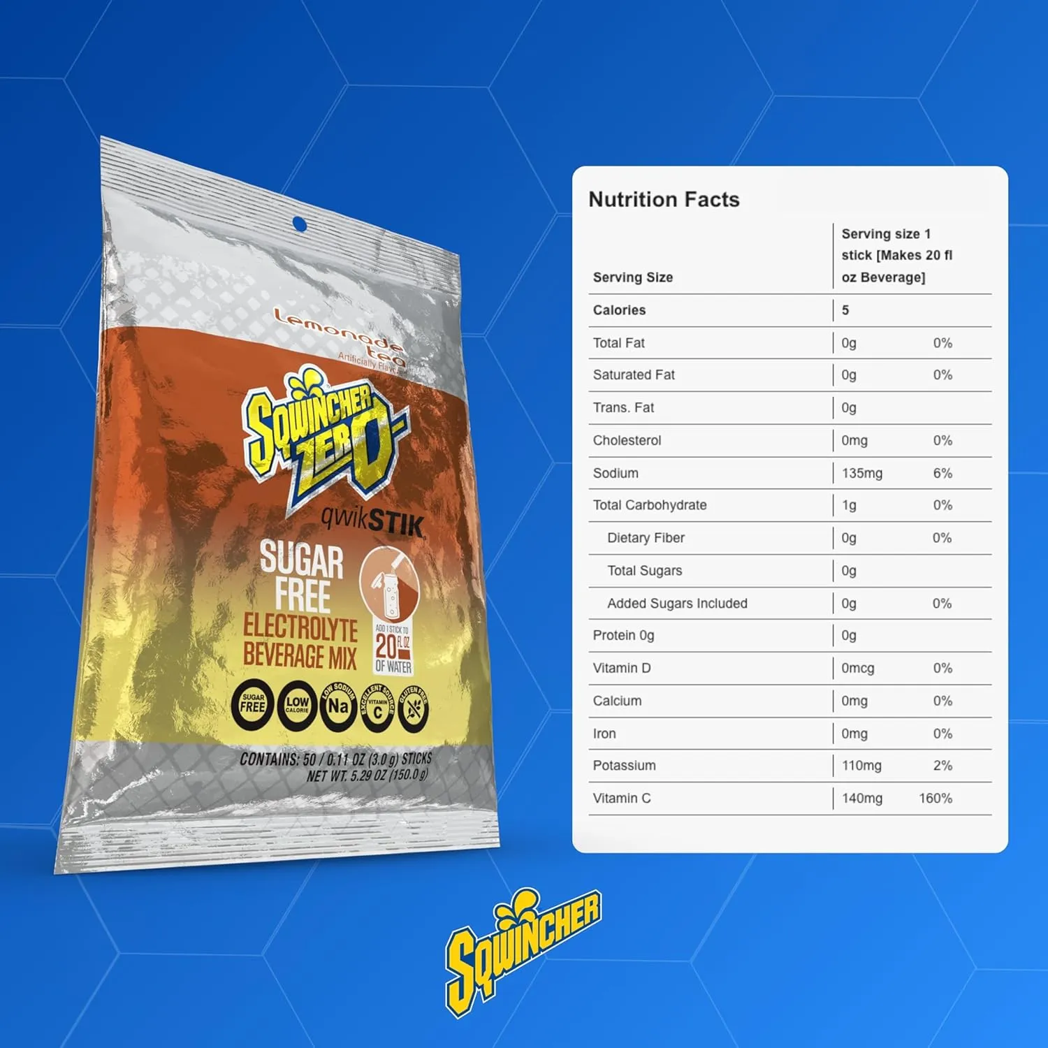 Sqwincher Zero Qwik Stik, Lemonade Tea, Sugar Free, Low Calorie, Low Sodium Electrolyte Powder Hydration Drink Mix, .11 0z Packet (Pack of 50)