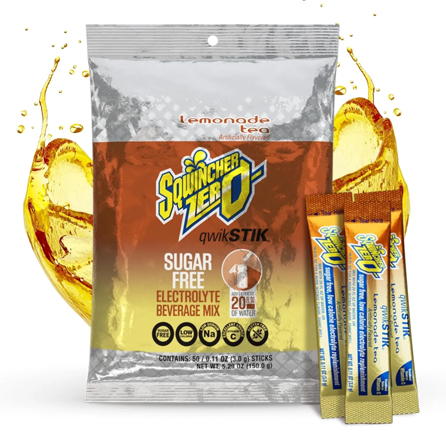 Sqwincher Zero Qwik Stik, Lemonade Tea, Sugar Free, Low Calorie, Low Sodium Electrolyte Powder Hydration Drink Mix, .11 0z Packet (Pack of 50)