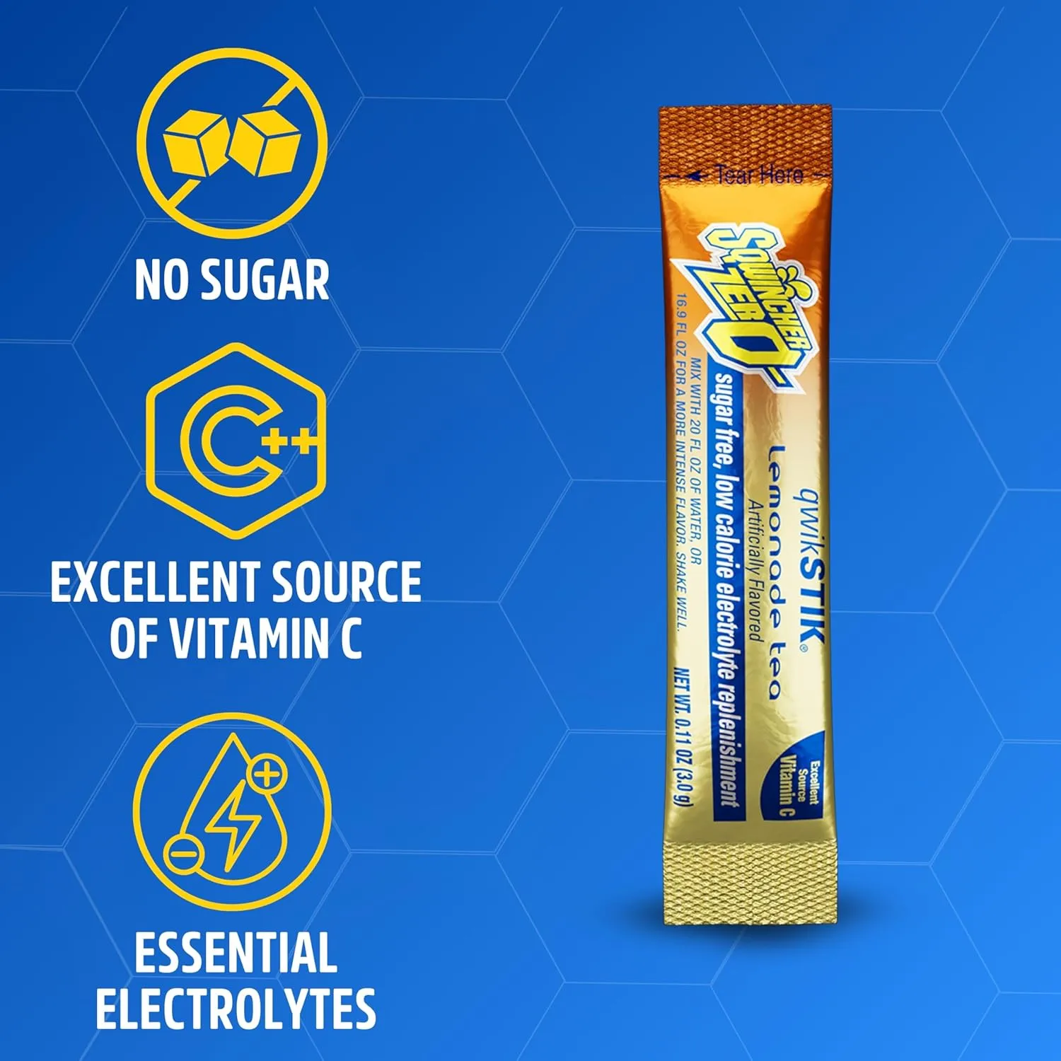 Sqwincher Zero Qwik Stik, Lemonade Tea, Sugar Free, Low Calorie, Low Sodium Electrolyte Powder Hydration Drink Mix, .11 0z Packet (Pack of 50)
