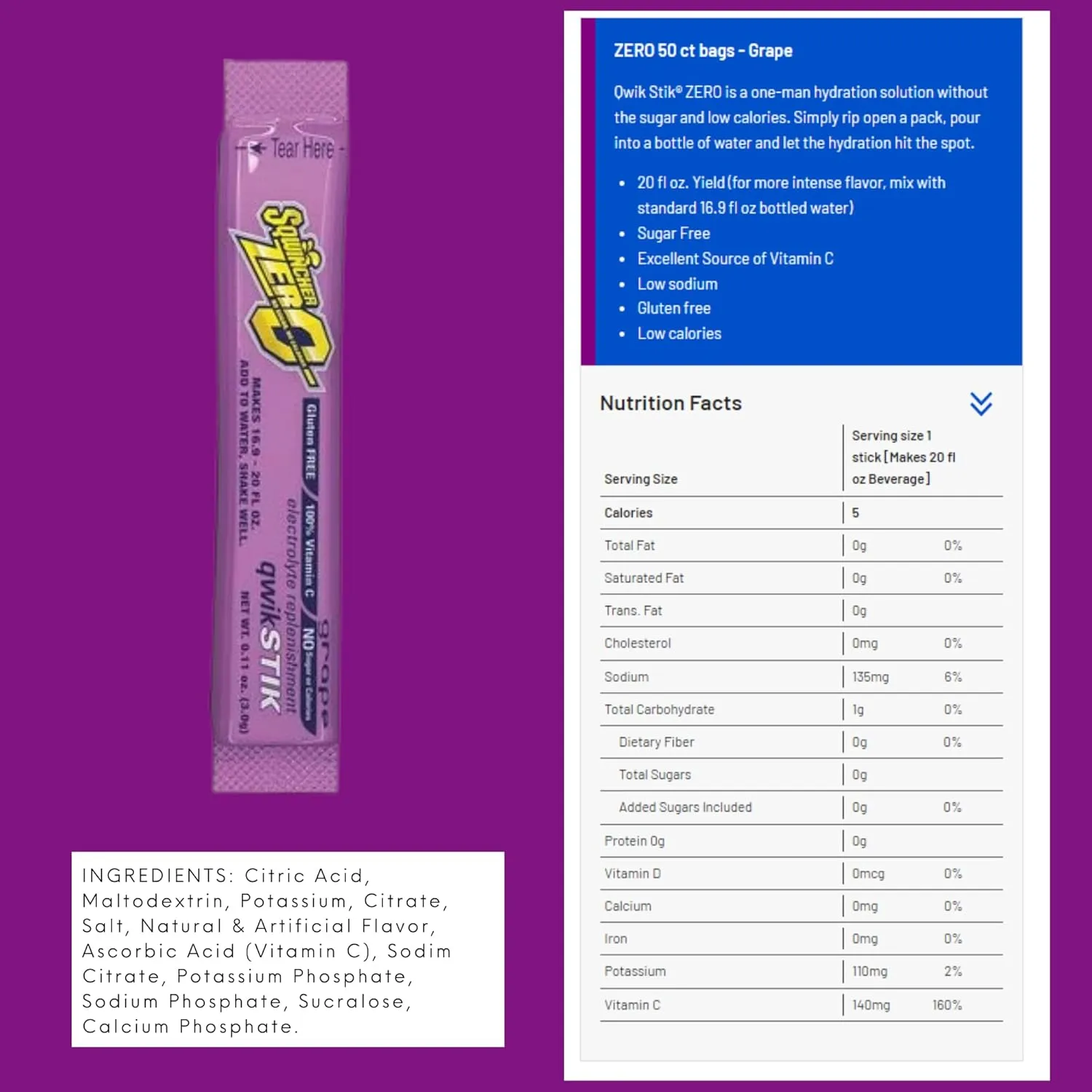 Sqwincher Zero Qwik Stik, Sugar Free, Low Calorie, Low Sodium Electrolyte Powder Hydration Drink Mix, Grape, .11 0z Packet (Pack of 50)