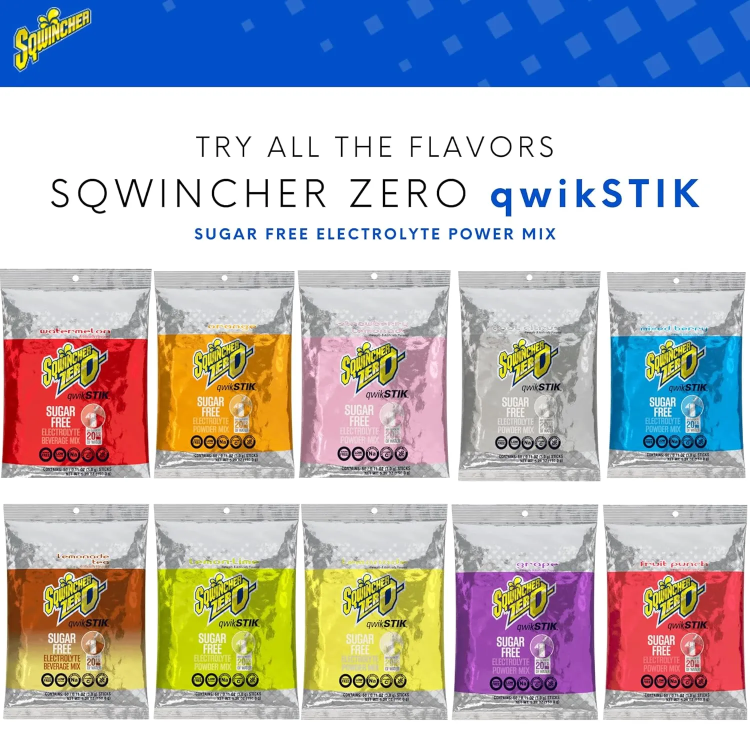 Sqwincher Zero Qwik Stik, Sugar Free, Low Calorie, Low Sodium Electrolyte Powder Hydration Drink Mix, Grape, .11 0z Packet (Pack of 50)