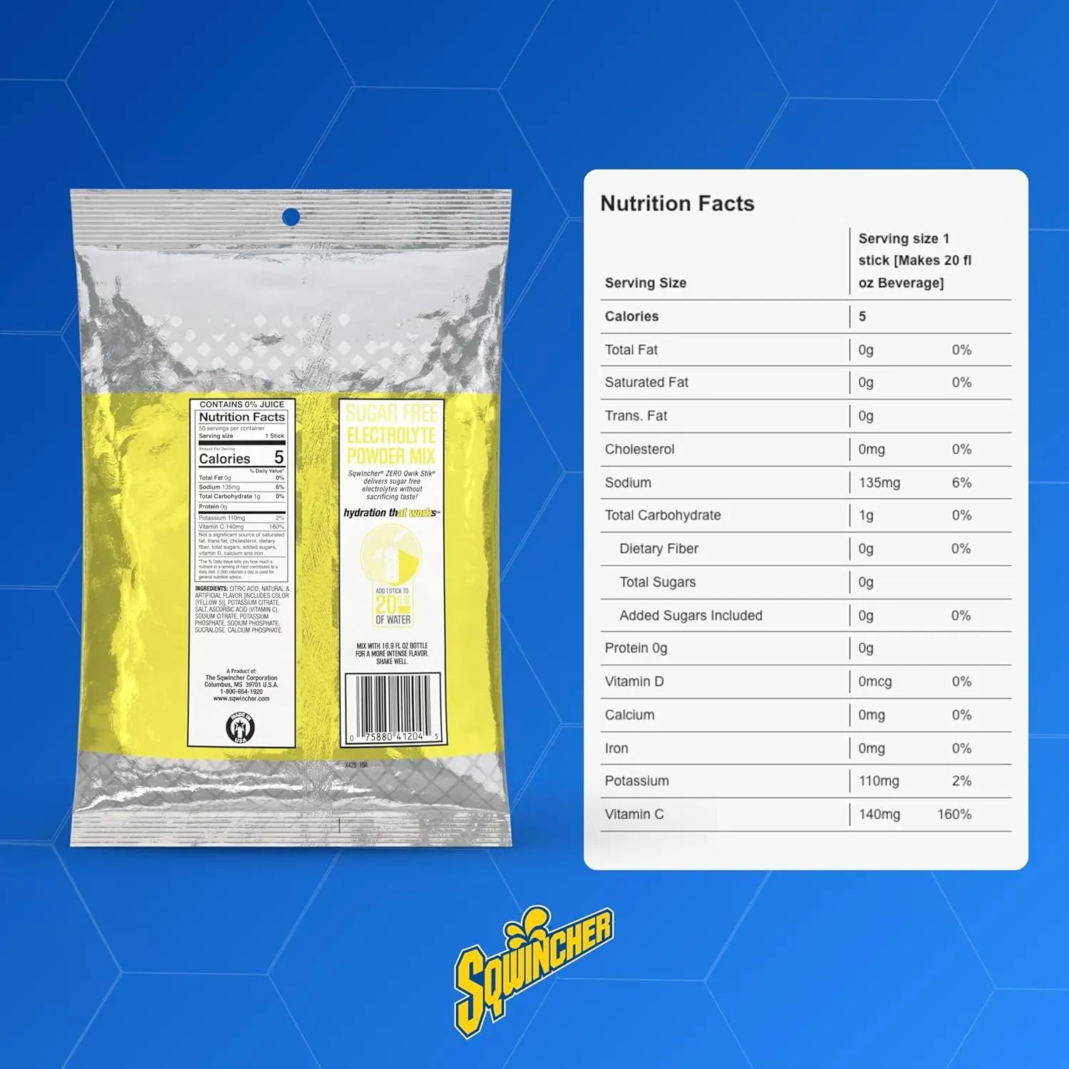 Sqwincher Zero Qwik Stik, Sugar Free, Low Calorie, Low Sodium Electrolyte Powder Hydration Drink Mix, Lemonade, .11 0z Packet (Pack of 50)