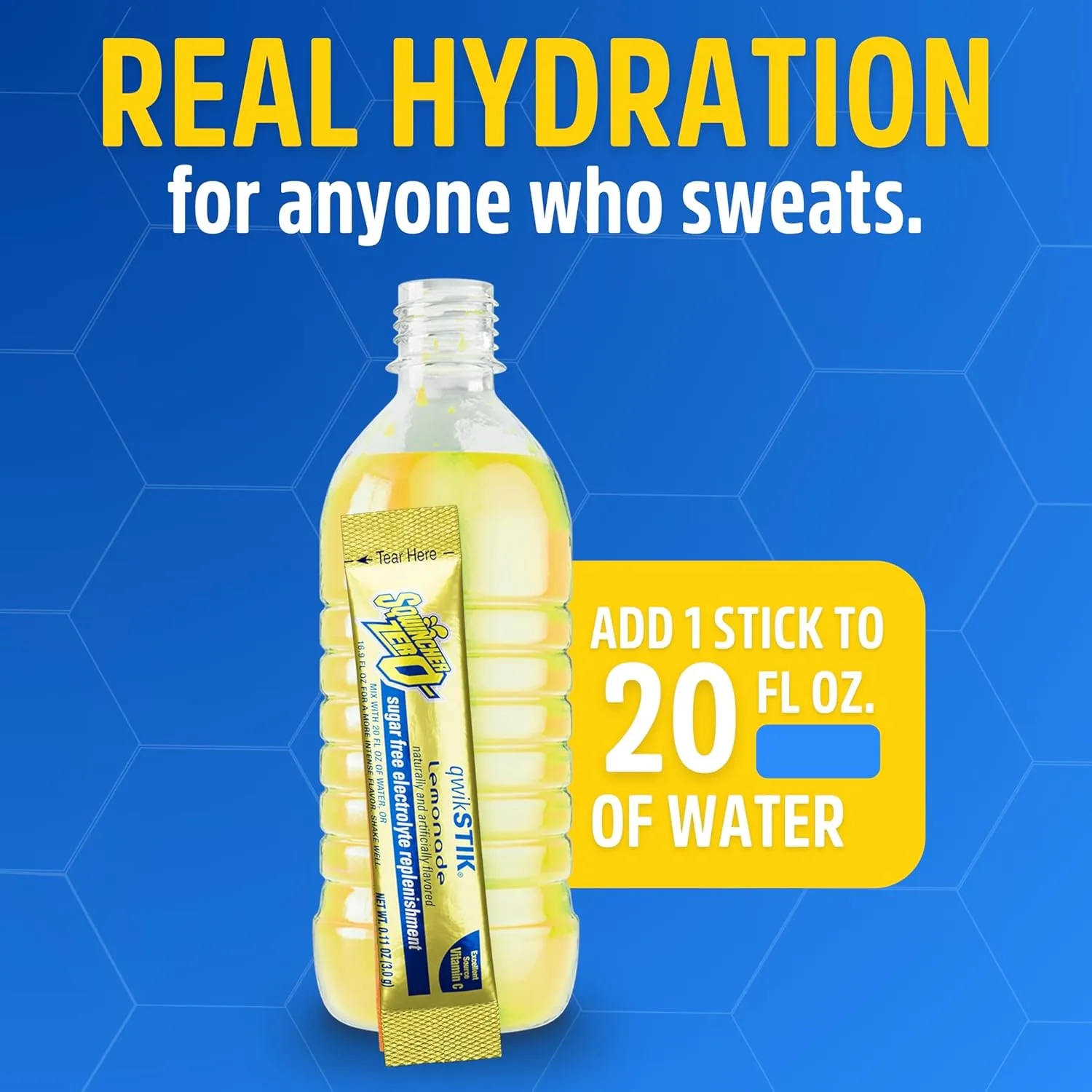 Sqwincher Zero Qwik Stik, Sugar Free, Low Calorie, Low Sodium Electrolyte Powder Hydration Drink Mix, Lemonade, .11 0z Packet (Pack of 50)
